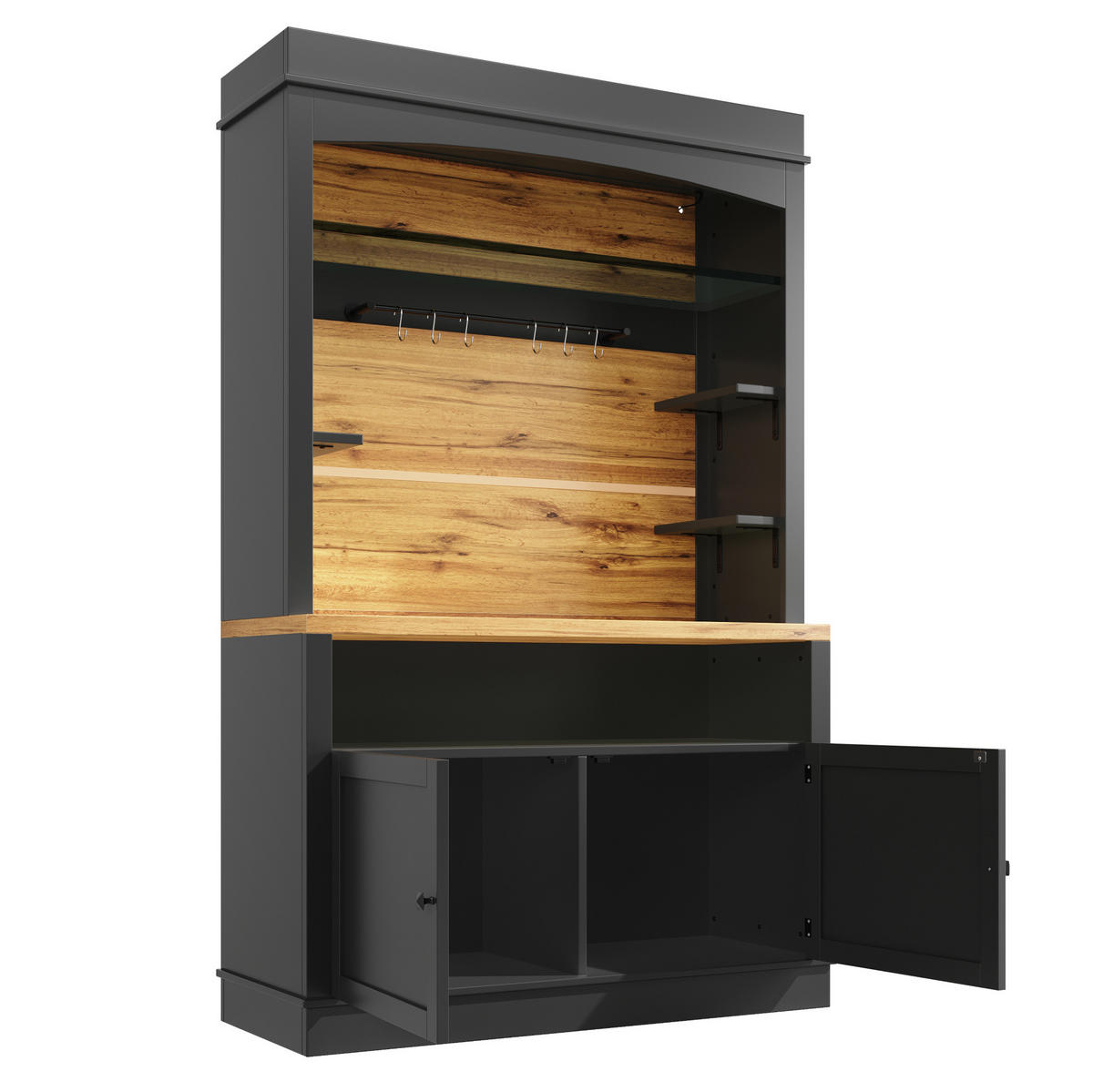VISOKA kuhinjska omara 107/43/184 cm, MDF/kovina, z LED osvetlitvijo in odprtimi policami, Črna - črna, leseni material (107/184/43cm) - Redom