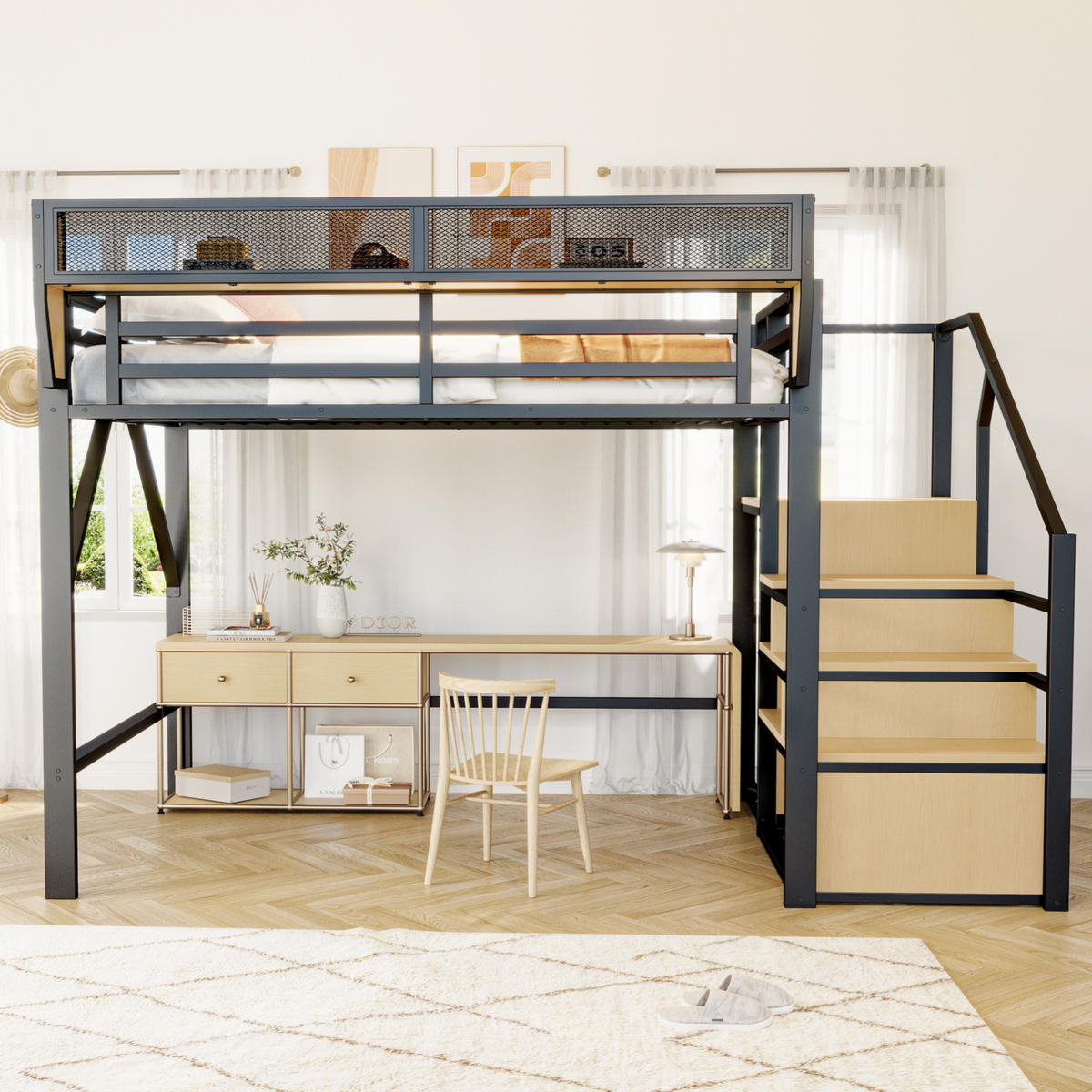 HOCHBETT 140/200 cm aus Metall mit Ablagefach, Schwarz - Schwarz, Metall (140/200cm) - OKMYHOME