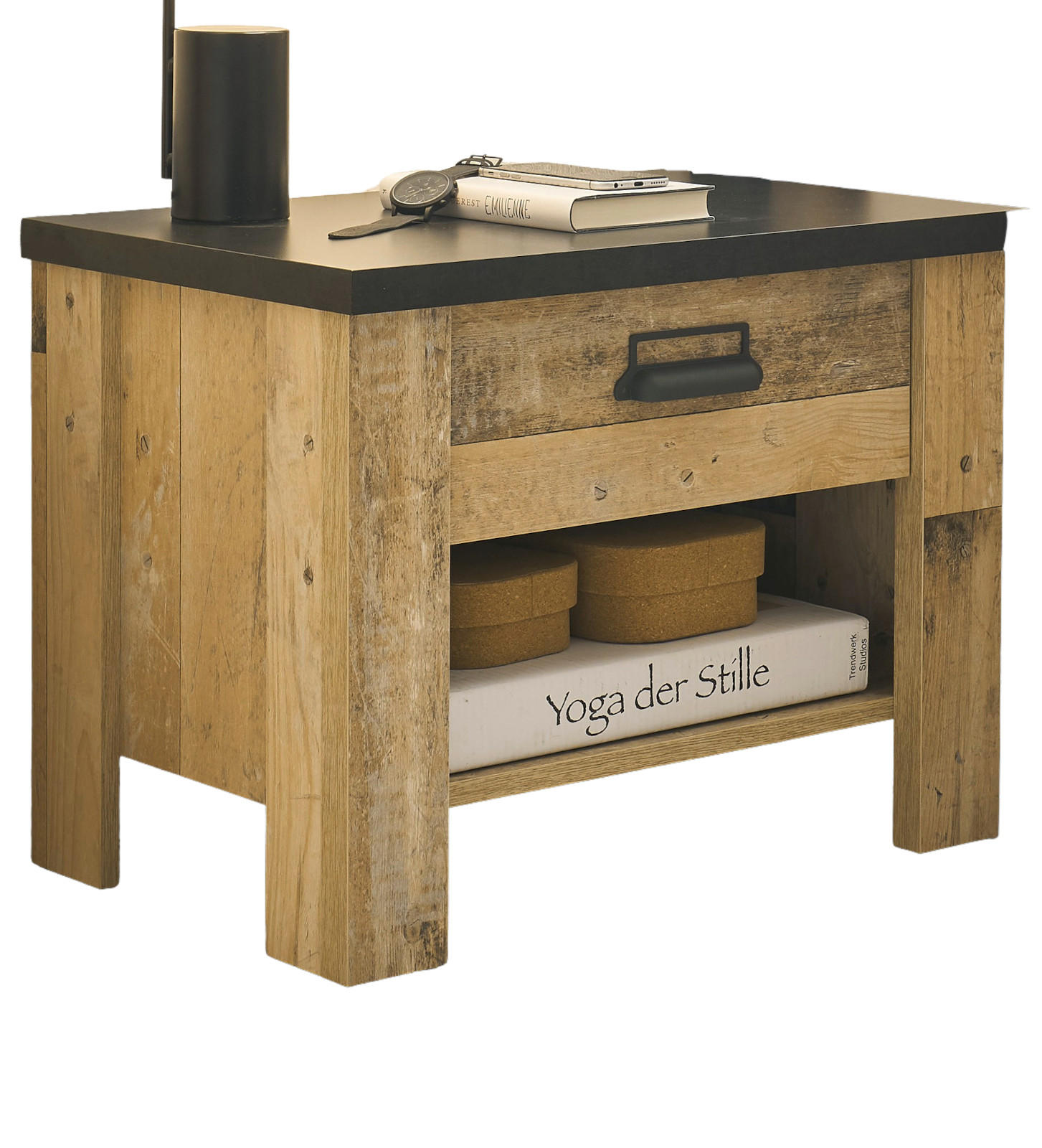NACHTTISCH Used Wood hell, dunkles Grau 60 x 46 cm, Nachtkommode mit Schubkasten und Soft-Close - Dunkelgrau/Schwarz, Holzwerkstoff/Kunststoff (60/46/39cm) - Furn.Design