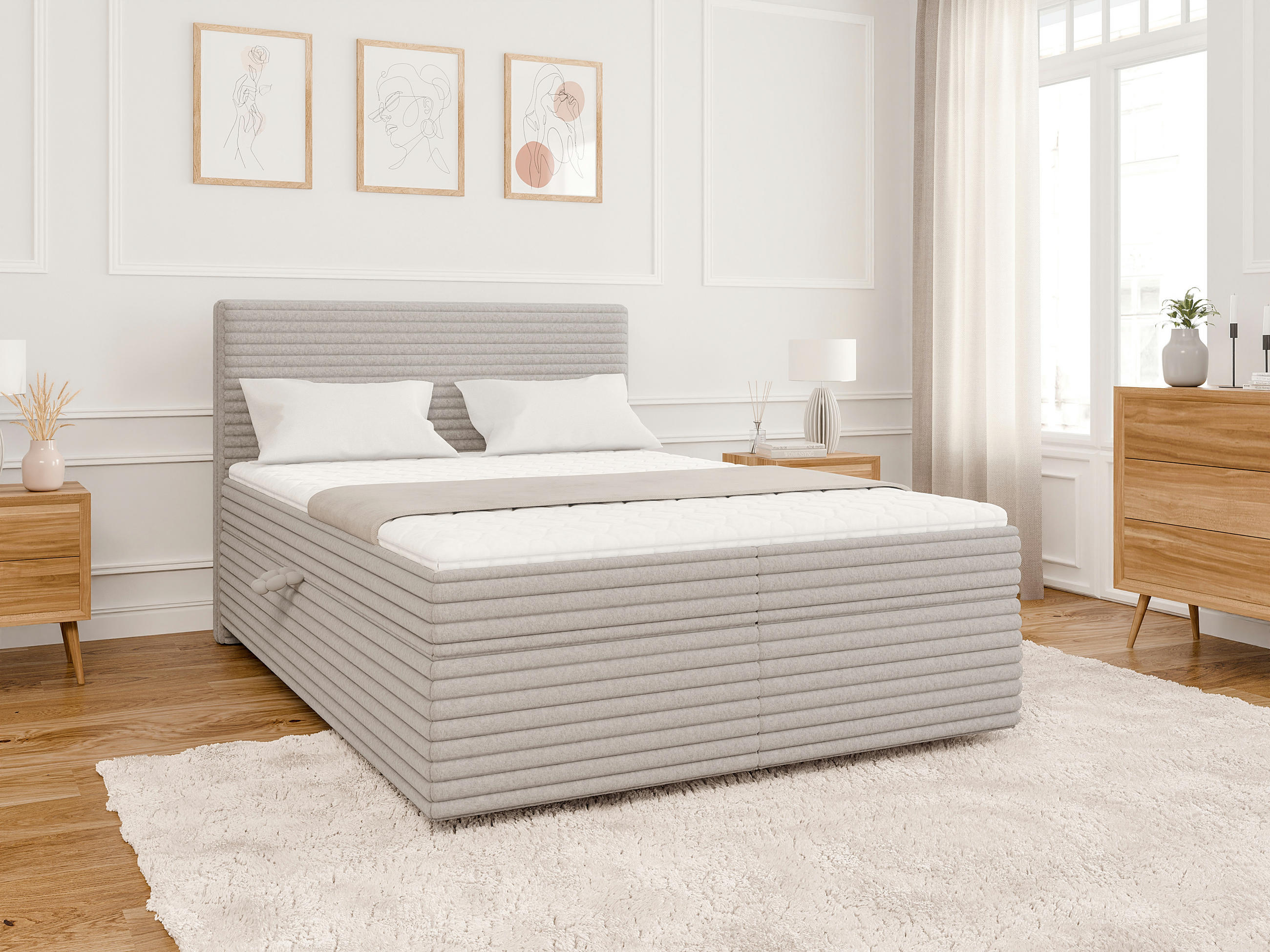 BOXBETT Roma 140/200 cm Hellgrau Plüschcord - Hellgrau/Schwarz, Holz/Kunststoff (140/200cm) - S-Style Möbel