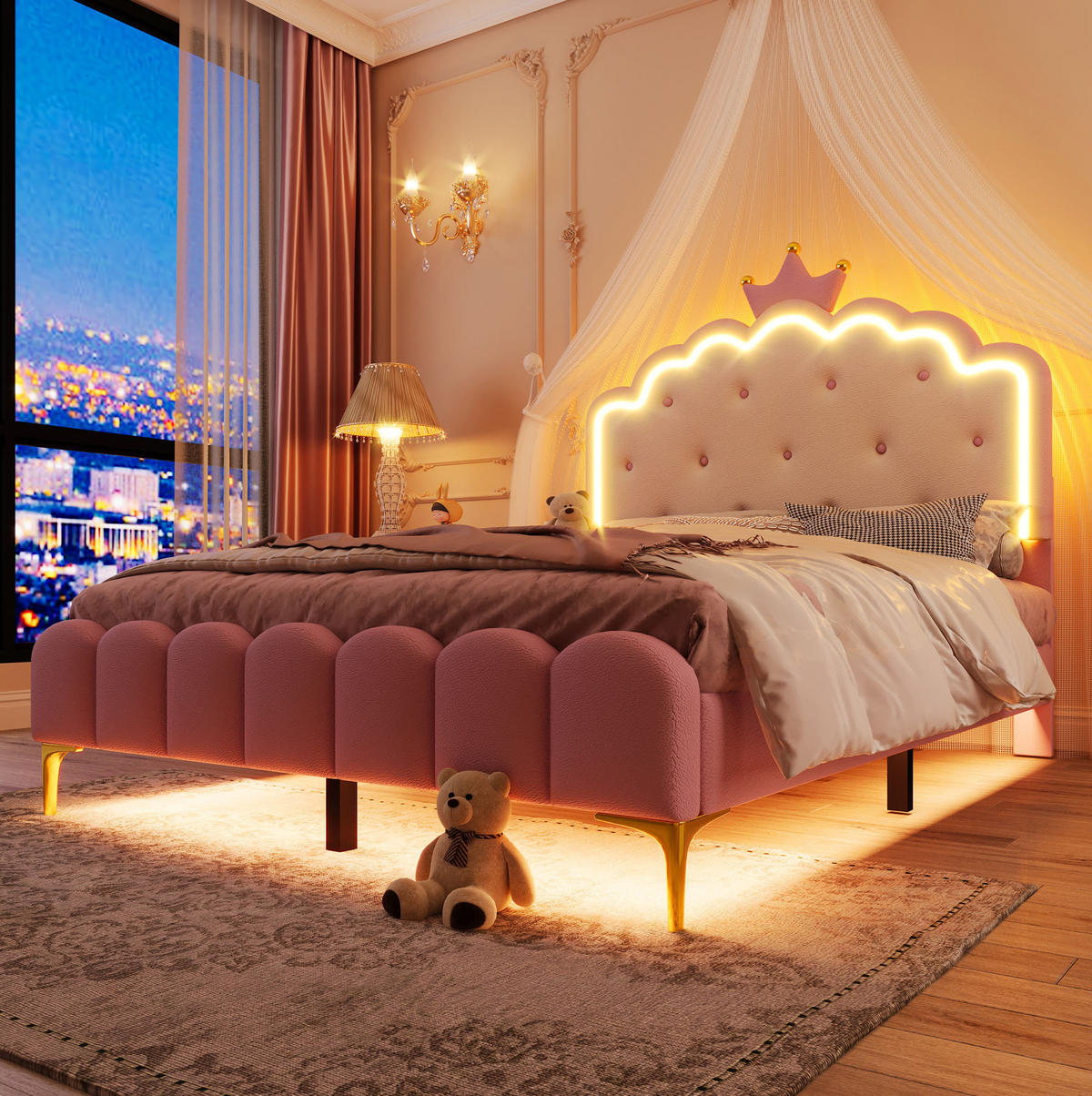 POLSTERBETT aus PU 140x200 cm Rosa mit LED-Ambientebeleuchtung und Lattenrost - Rosa, Kunststoff (140/200cm) - IVMEU