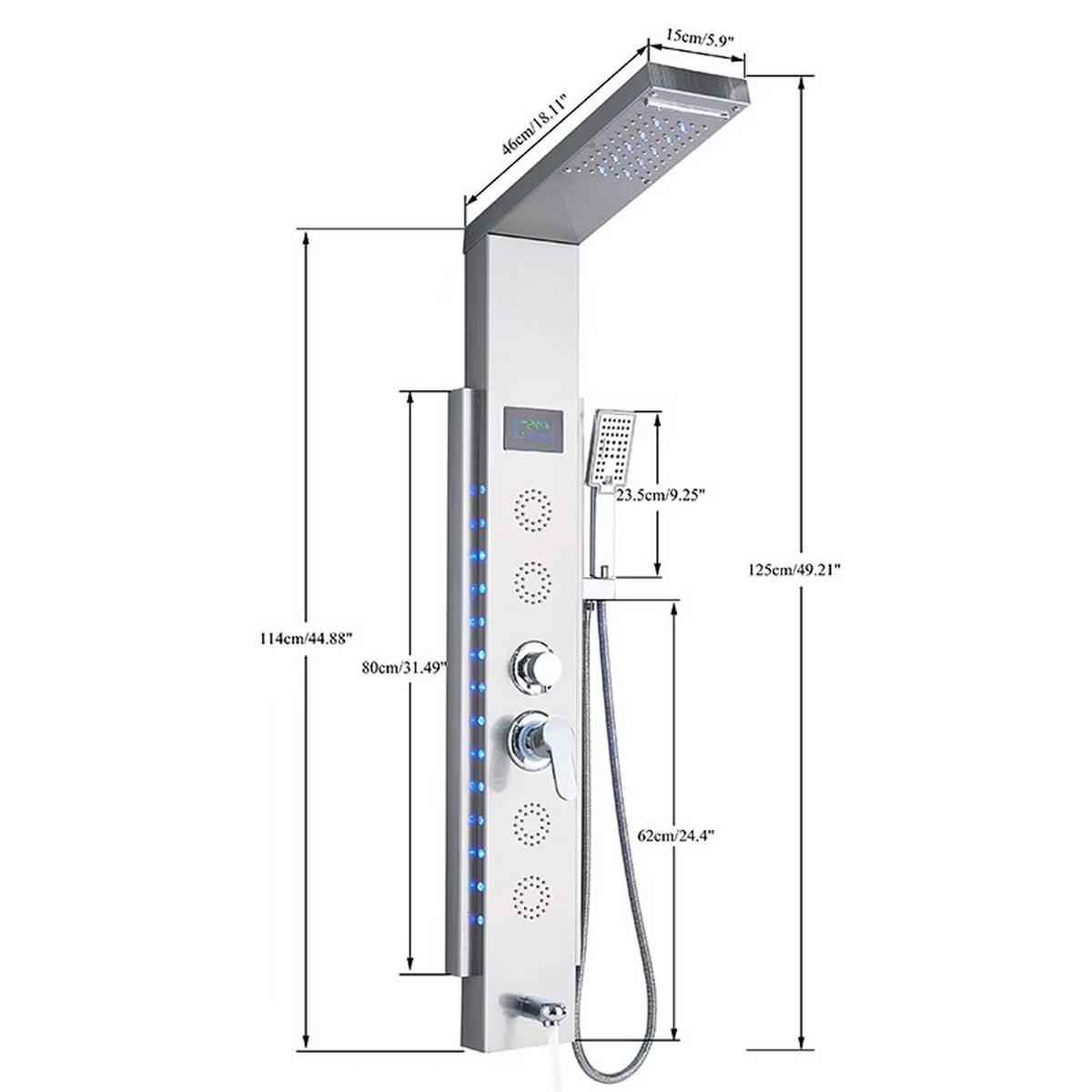 ÜBERKOPFBRAUSESET Silber LED Edelstahl Regendusche Massagedusche Duschpaneel - Silberfarben, Metall (15/125/46cm) - Kaket
