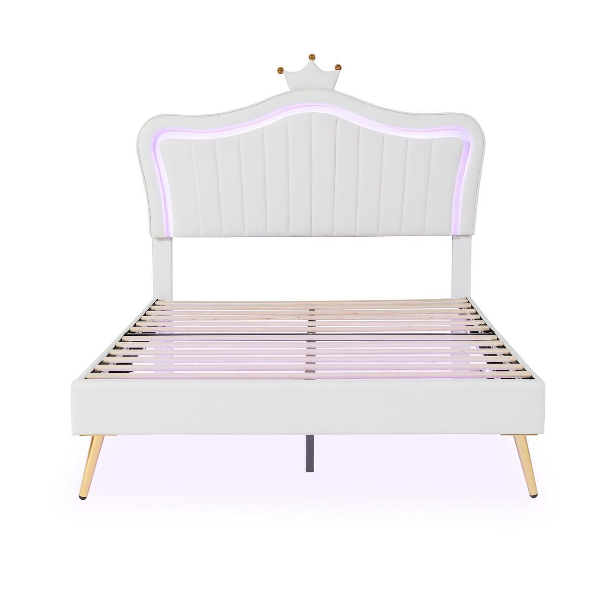 POLSTERBETT 140/200 cm weiß mit LED-Beleuchtung und Kronen-Kopfteil - Weiß, Textil (140/200cm) - OKWISH