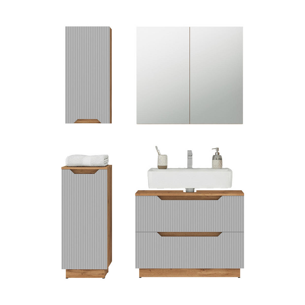 BADMÖBEL-SET Lotta Eiche/grau gestreift 4 Teile - Eichefarben/Grau, Holzwerkstoff (79.6/62.5/32cm) - Vicco