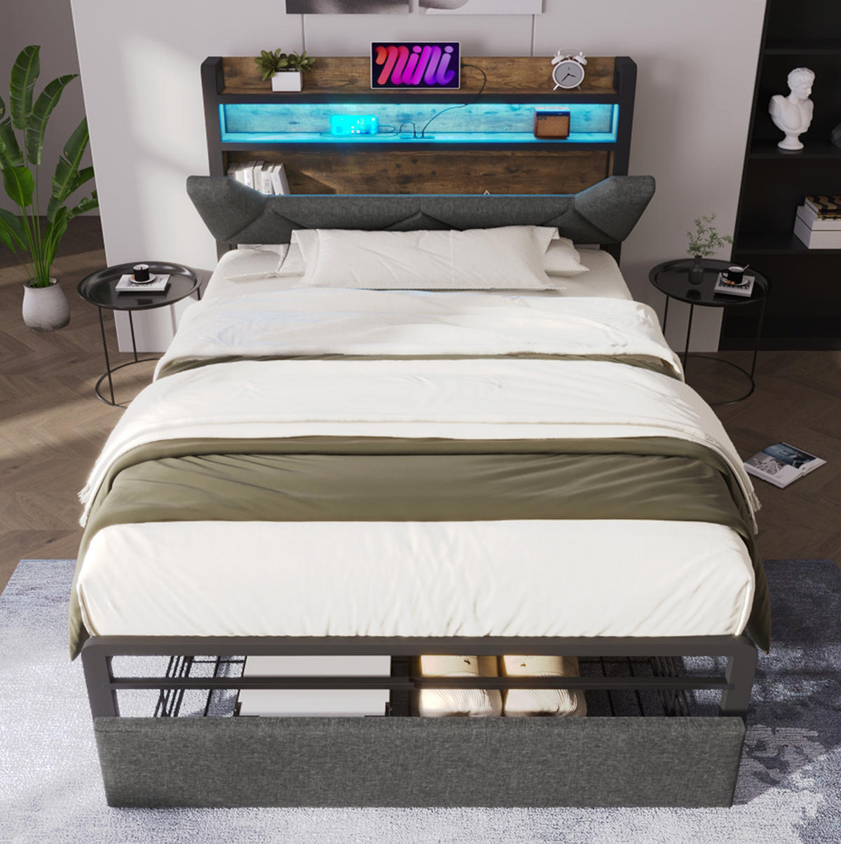 BETT mit Stauraum 90x200 cm Leinen Grau - Grau, Metall (90/200cm) - Meubliv