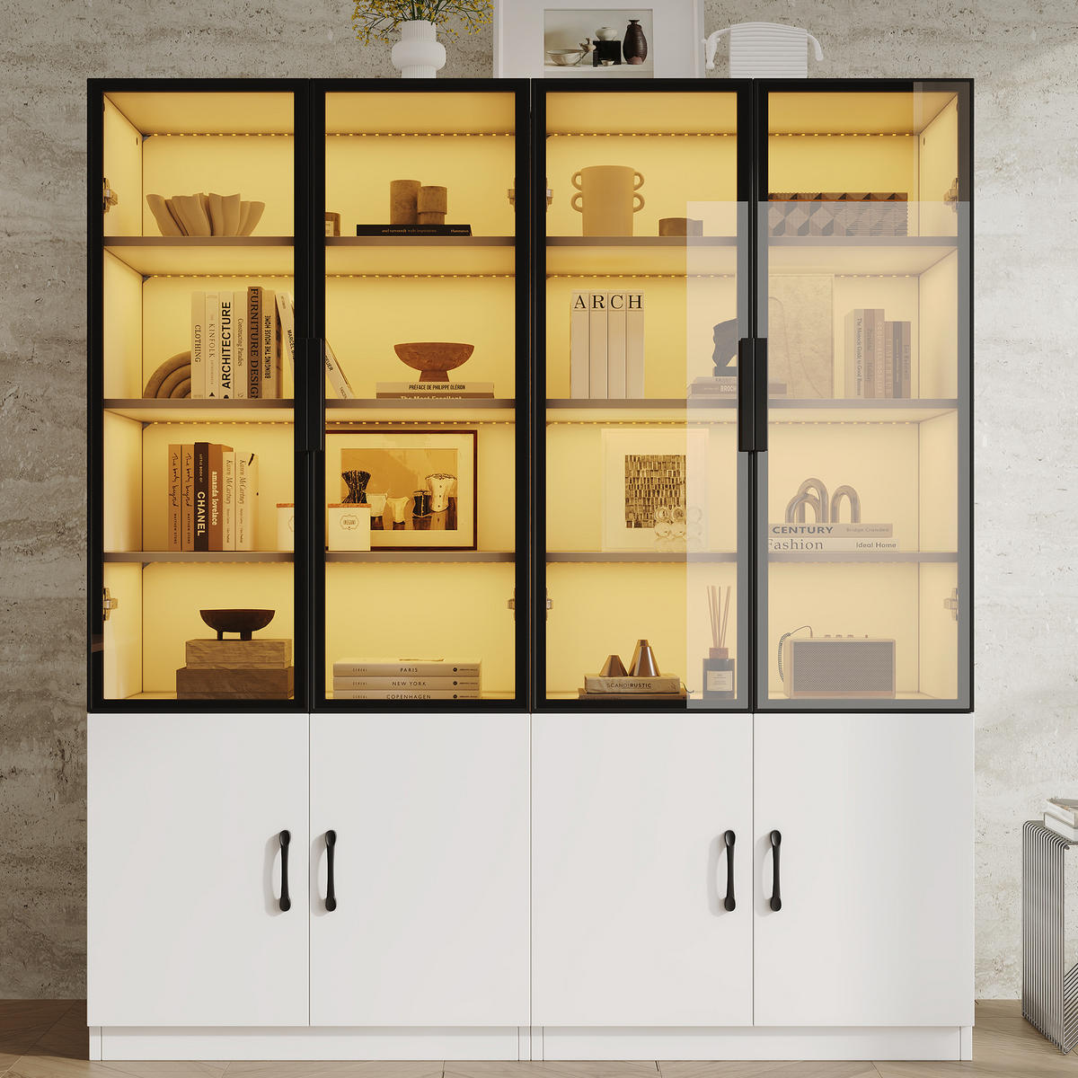 VITRINE Weiß mit Rauchglas, Aluminiumrahmen und farbwechselnder LED-Beleuchtung 120×40×160 cm aus Spanplatte & ESG-Sicherheitsglas - Weiß, Holzwerkstoff (120/160/40cm) - Luhomfu