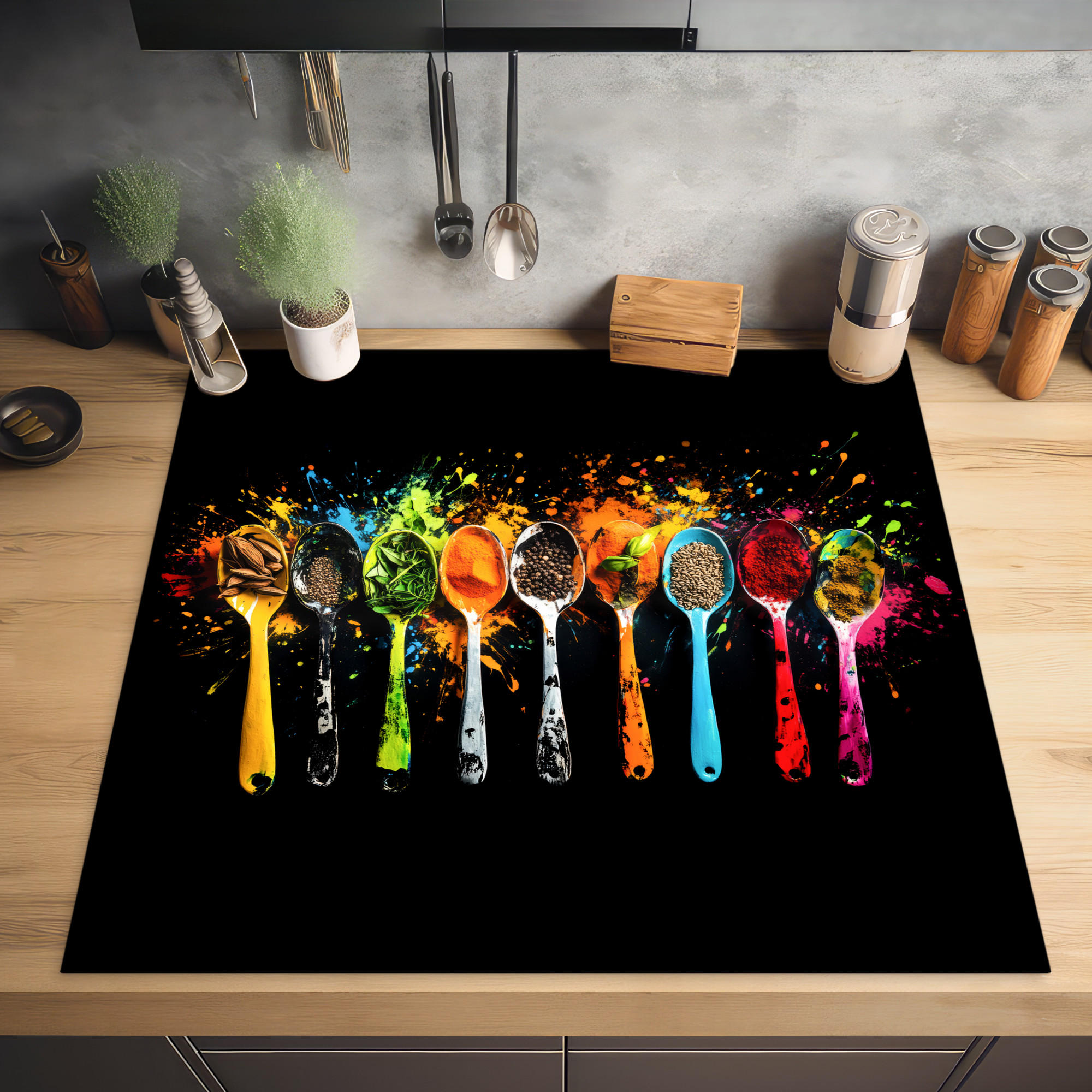 HERDABDECKPLATTE Löffel - Gewürze - Modern - Graffiti - Farbe - Farbenfroh 78x78 cm - Multicolor, Kunststoff (78/0.2/78cm) - MuchoWow