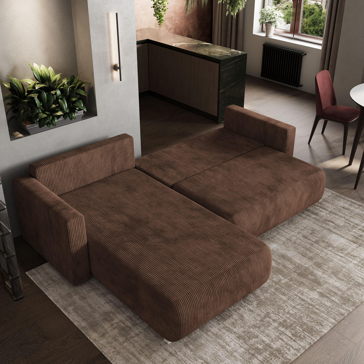 ECKSOFA TURIN P Braun Kordstoff mit Schlaffunktion - Braun, Holz (265/183cm) - MASSENO