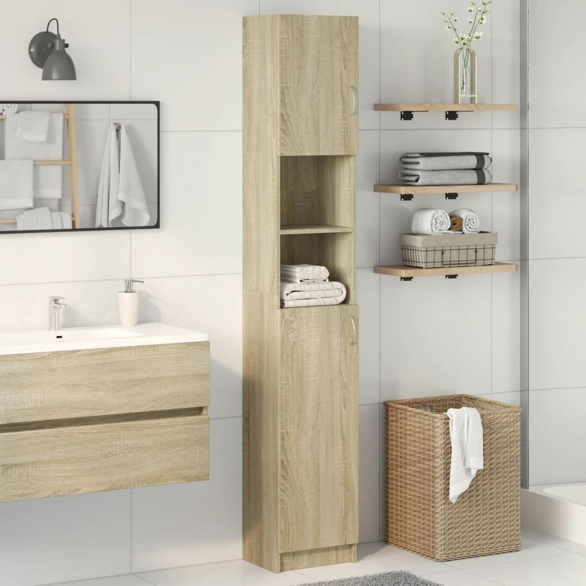 BADEZIMMERSCHRANK SONOMA-EICHE 32X25,5X190 CM HOLZWERKSTOFF - Sonoma Eiche, Holz (25.5/190/32cm) - vidaXL