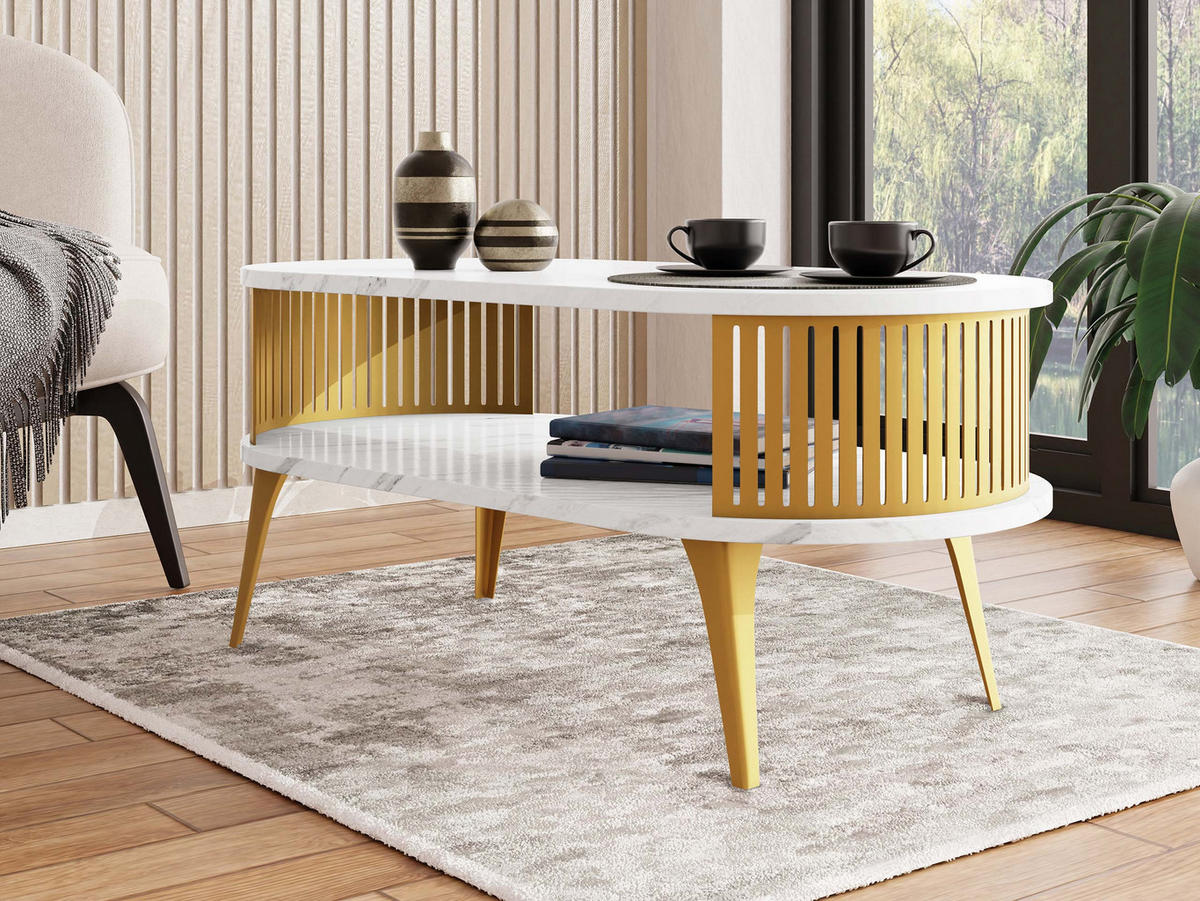 COUCHSITCH Roenni Oval Gold - Goldfarben/Weiß, Holzwerkstoff/Metall (100/50/44cm) - MIRJAN24