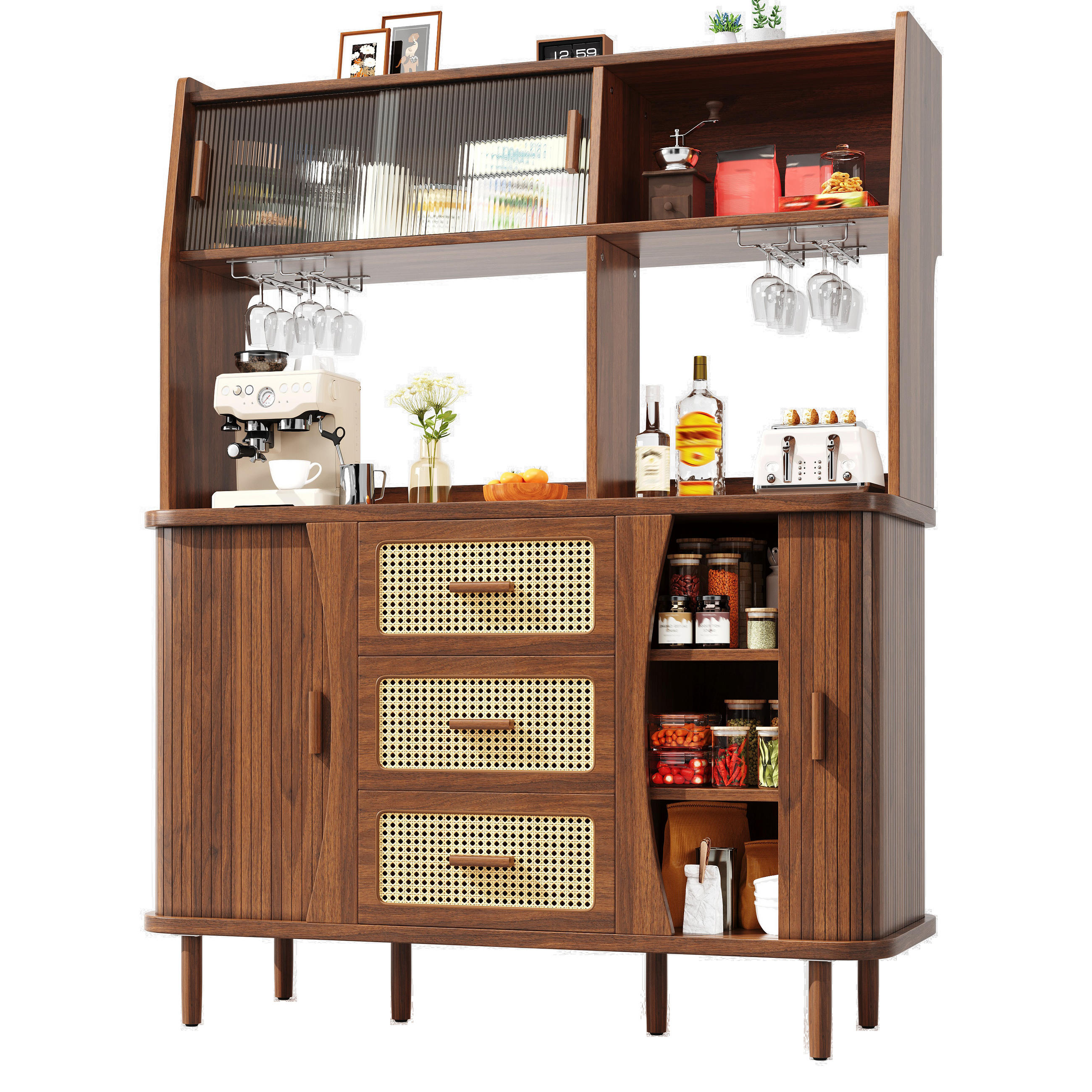 BUFFET Sideboard mit Schiebetüren, Rattan & Glas, Stauraum, Naturholzoptik, mittelgroß, Holz/MDF/Glas/Rattan - Dunkelbraun, Holzwerkstoff/Metall (140/174.5/40.5cm) - EVRYAE