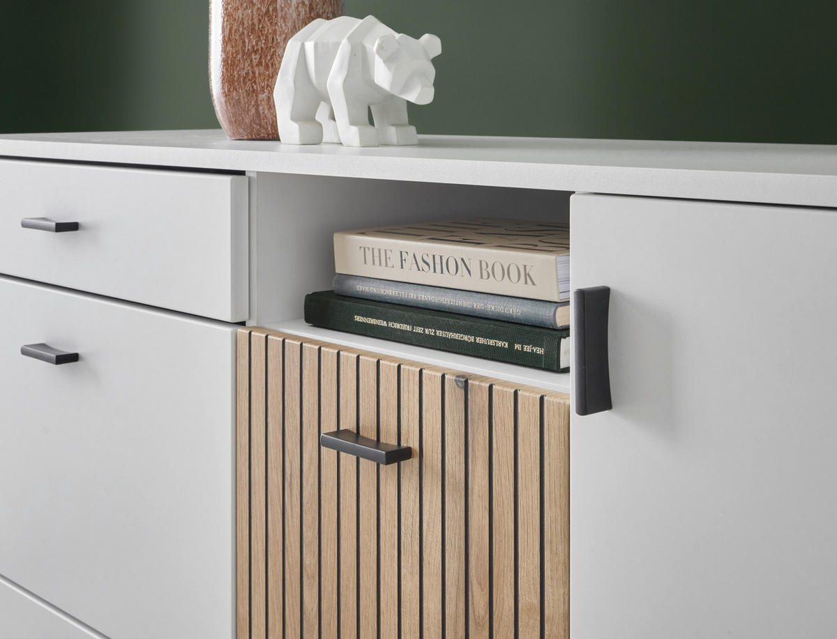 SIDEBOARD weiß matt, Eiche 150 cm, Kommode mit Soft-Close-Funktion - Eichefarben/Schwarz, Holzwerkstoff/Kunststoff (150/80/42cm) - Furn.Design