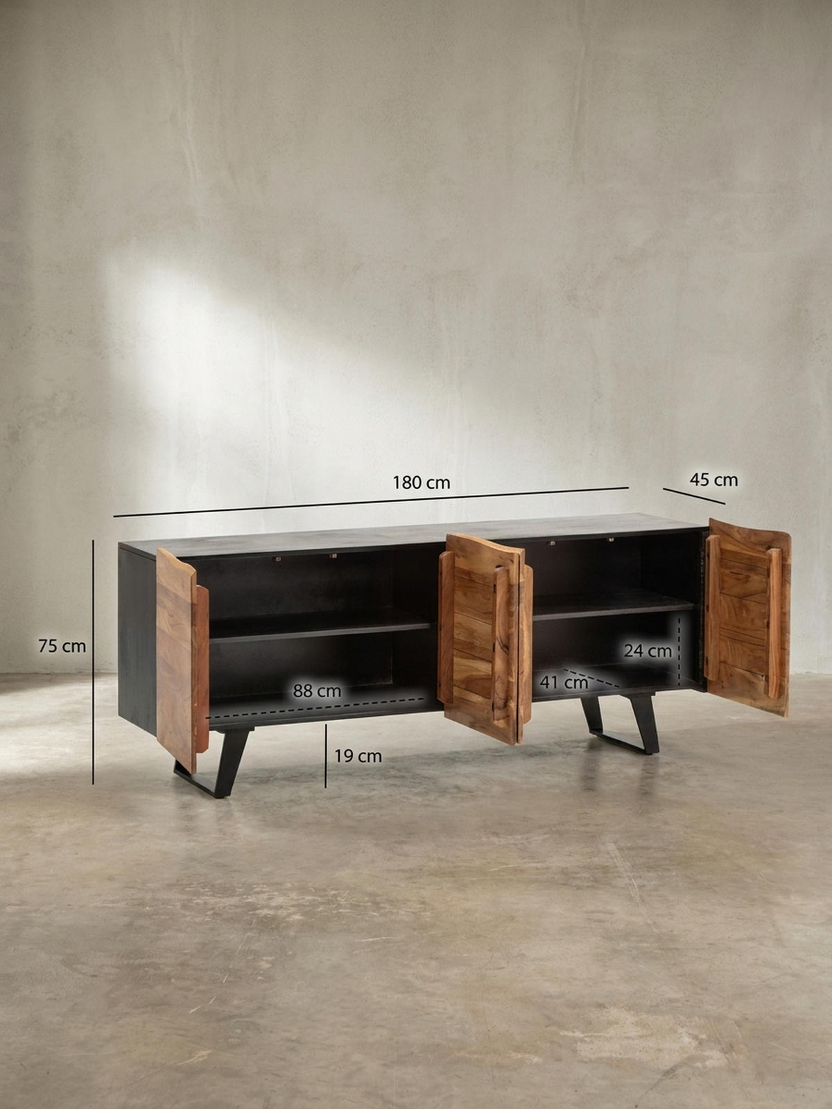 SIDEBOARD – Akazie Massivholz, 180x75x45 cm, mit Baumkante, Türen, Metallbeine - Schwarz, Holz/Metall (180/75/45cm) - KADIMA DESIGN