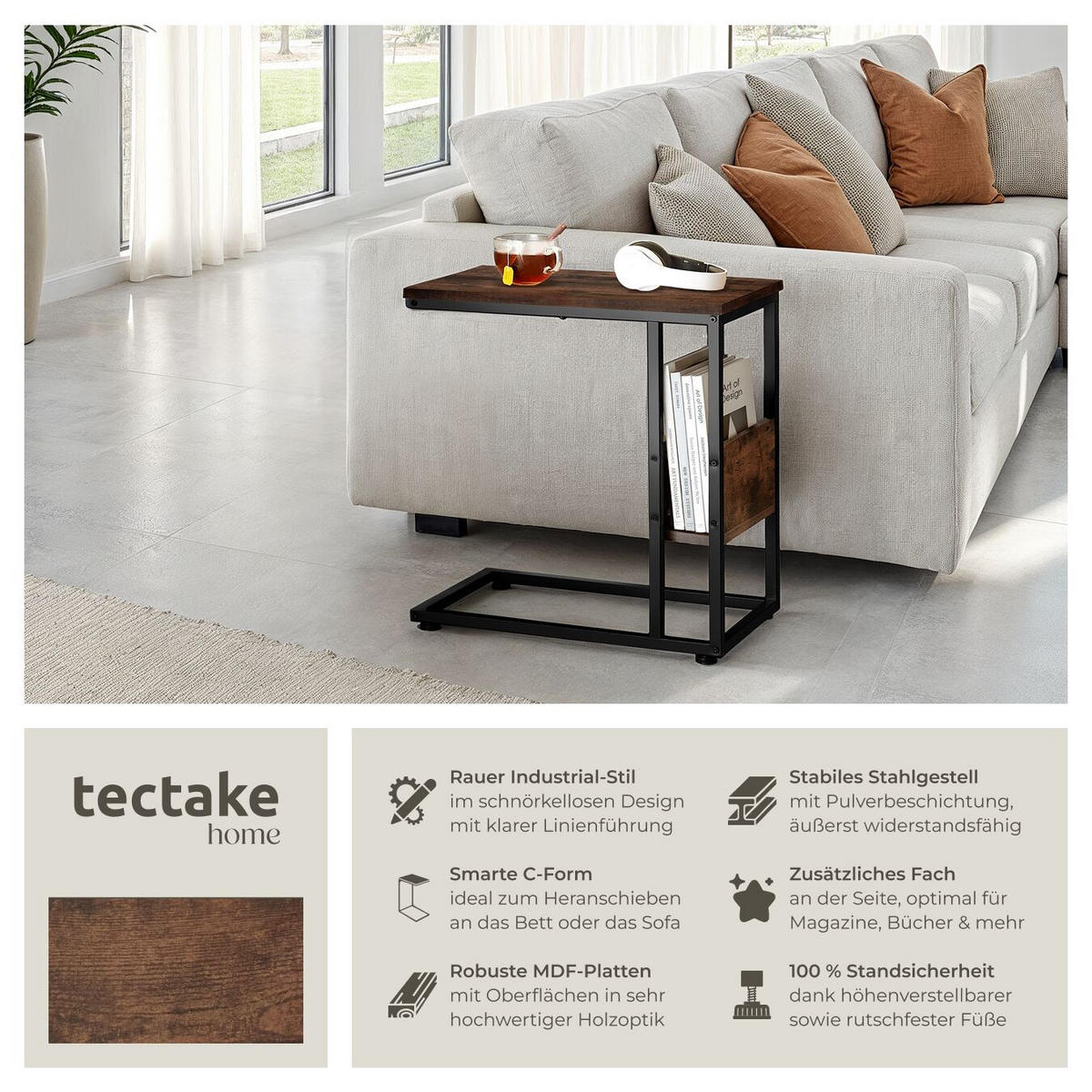 BEISTELLTISCH Wigan,55 x 36,5 x 60 cm,Industrial Holz dunkel, rustikal - Rostfarben, Holz (55/36.5/60cm) - tectake