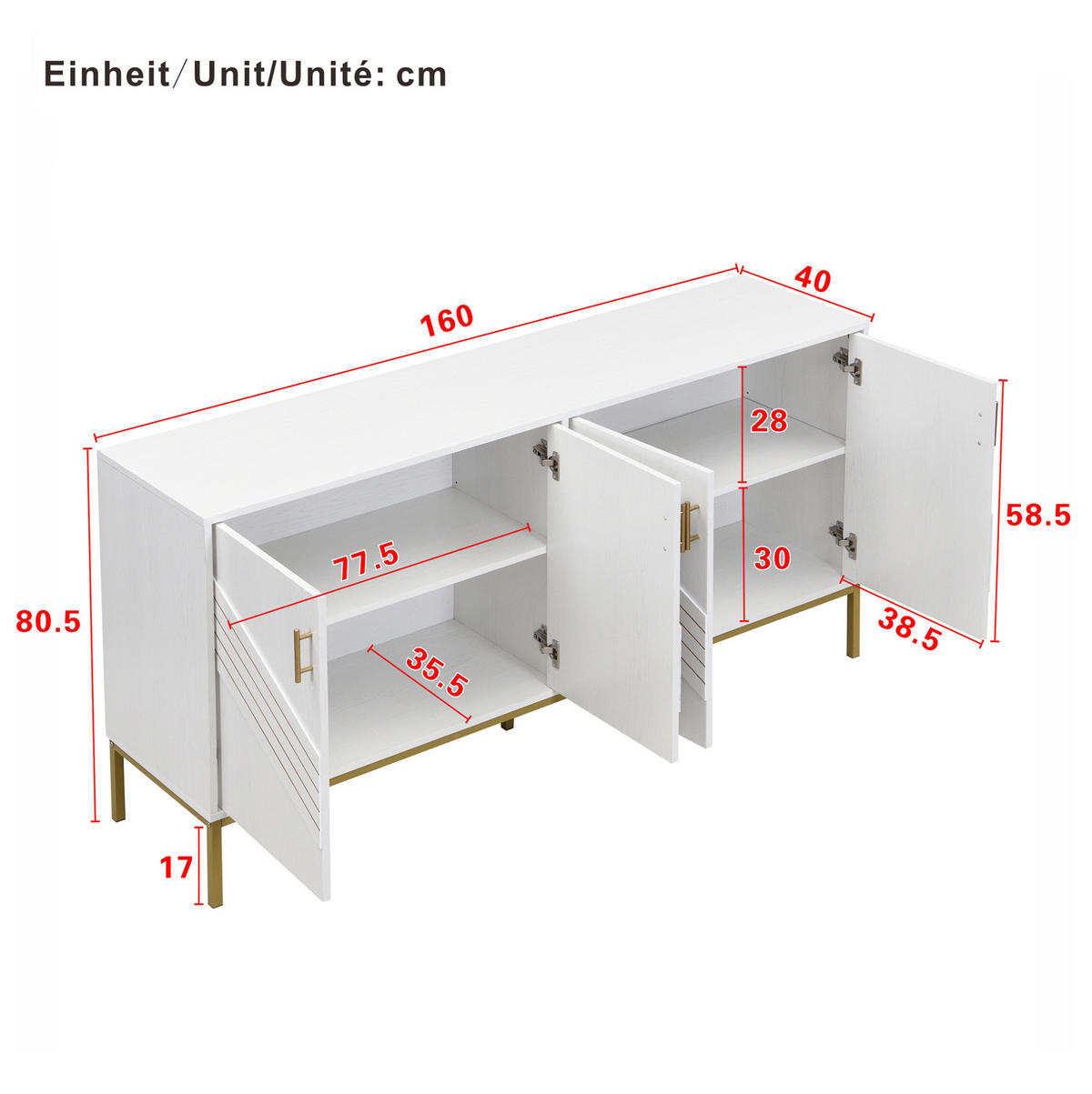SIDEBOARD aus MDF in Weiß/Holzoptik mit 4 Türen und höhenverstellbaren Böden, 160/40/80,5 cm, Weiß/Holzoptik - Weiß, Holzwerkstoff (40/80.5/160cm) - Redom