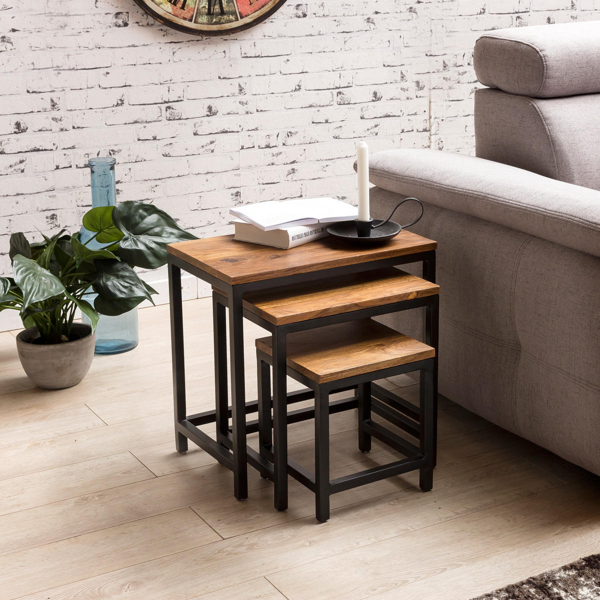 BEISTELLTISCH Set – 3-teilig Massivholz Metallbeine handgefertigt - Schwarz/Braun, Holz/Metall (30/45/45cm) - KADIMA DESIGN