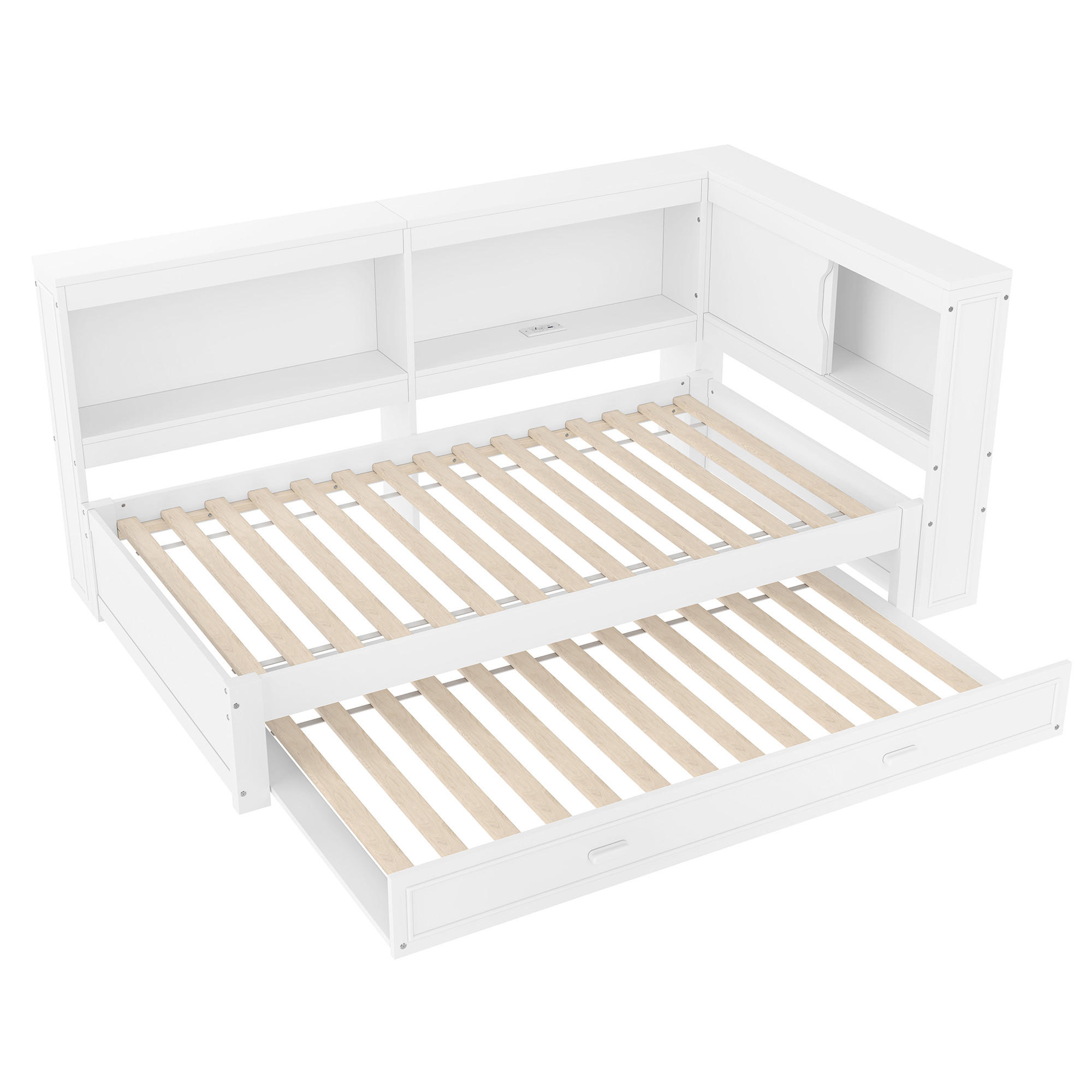 AUSZIEHBETT 90/200 cm DE-04990, mit LED, Steckdose, USB+Typ-C in Weiß - Weiß, Holz/Holzwerkstoff (90/200cm) - ComfortXL