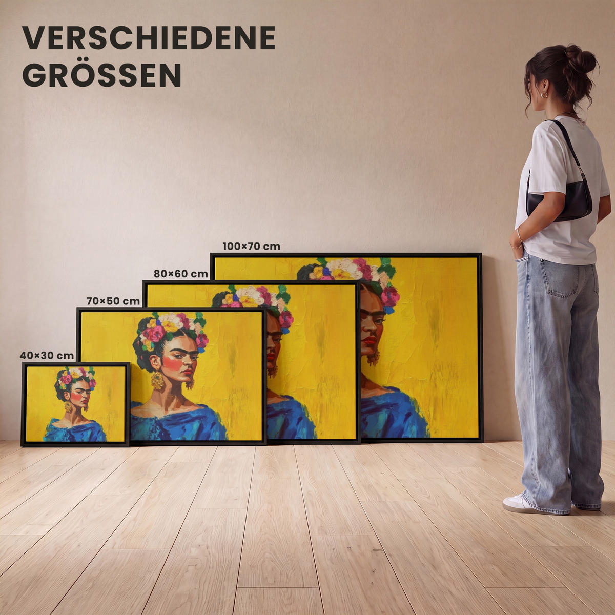 LEINWAND Bilder mit Rahmen - Frida Kahlo - Frau - Gelb - Blau - Blumen - 100x70 - Gelb, Textil (100/70cm) - MuchoWow