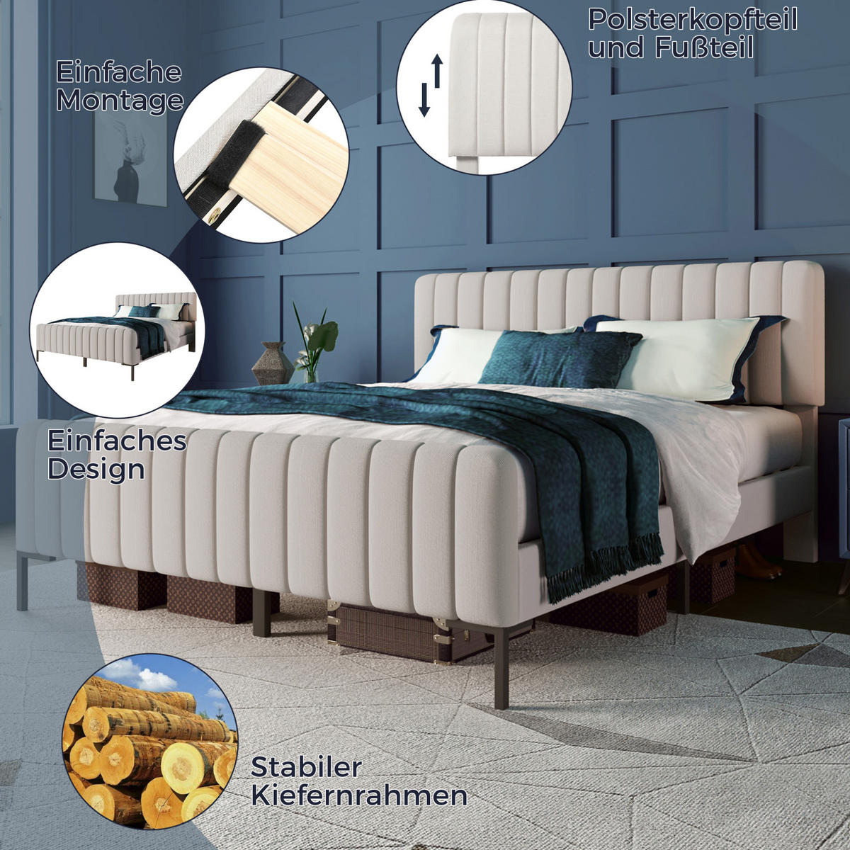 POLSTERBETT 160/200 cm Grau-Beige aus Leinen mit verstellbarem Kopfteil - Grau, Textil (160/200cm) - OKMYHOME