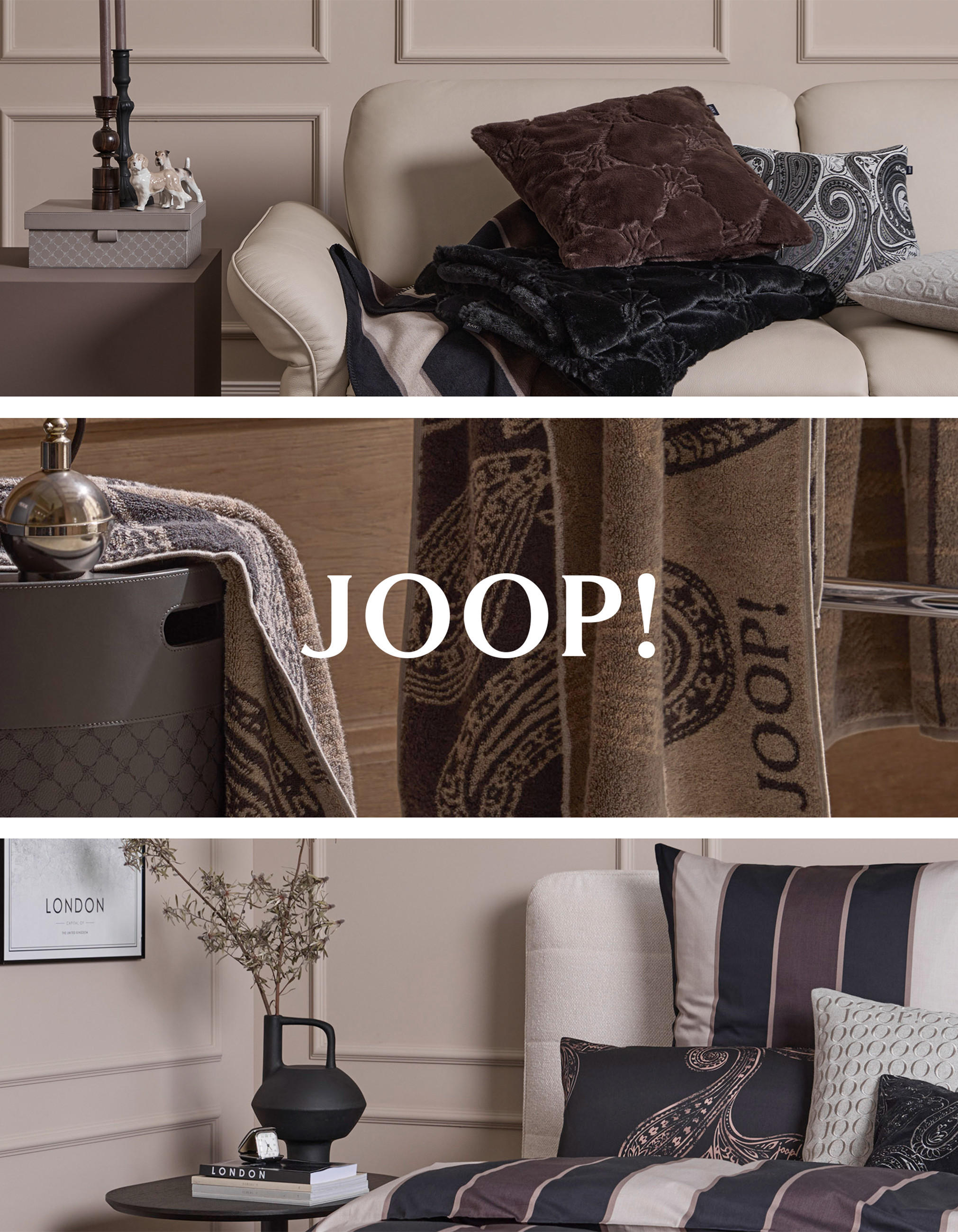 Dreier Collage von Wohnraummilieus mit Textilien aus der Kollektion Soho Nights der Marke JOOP! Living, mit mittig platziertem Logo.