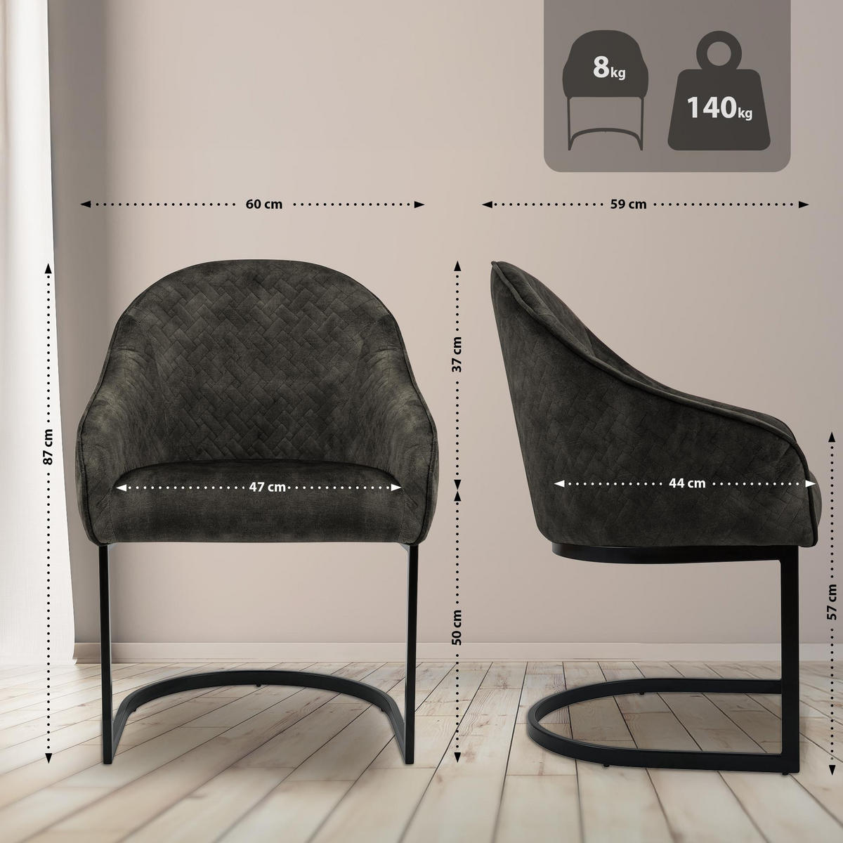 ESSZIMMERSTUHL Samt Dunkelbraun - Dunkelbraun/Schwarz, Textil/Metall (60/87/59cm) - CLP