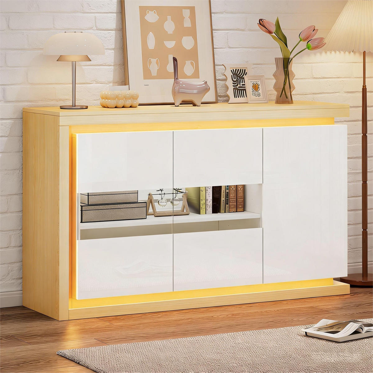 SIDEBOARD mit 3 Türen, LED-Beleuchtung & Glastüren, Mehrfachfächer, Hochglanz Weiß, Holzwerkstoff/Glas - Weiß/Naturfarben, Glas/Holzwerkstoff (140/84/40cm) - EVRYAE