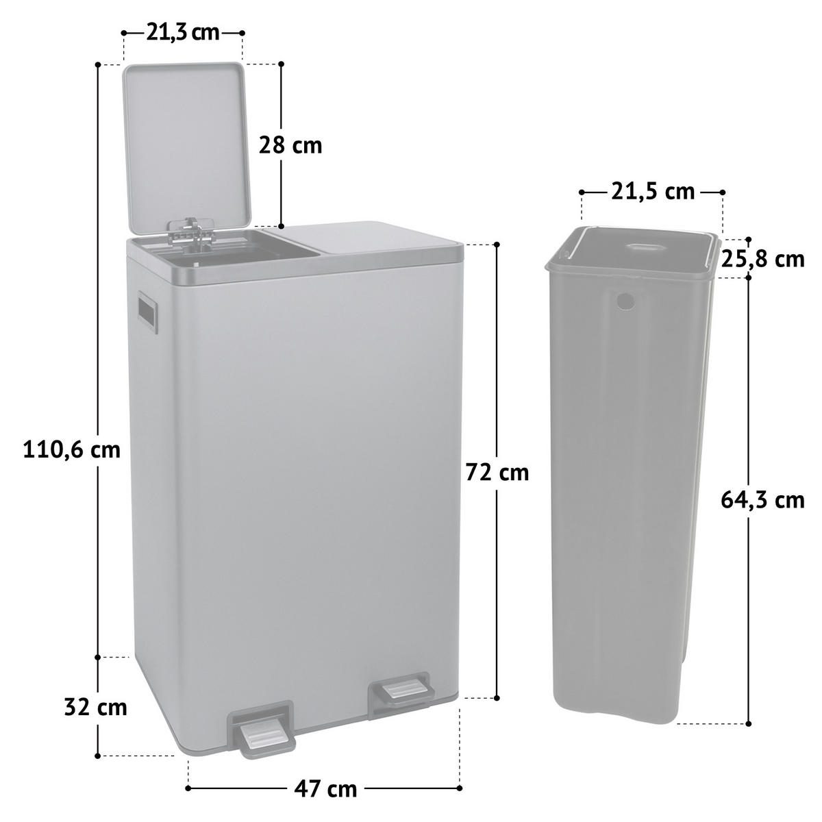 MÜLLTRENNSYSTEM 2x30L 2 Fächer Mülleimer Pulverbeschichteter Stahl Taupe - Taupe, Metall (47/72/32cm) - SVITA