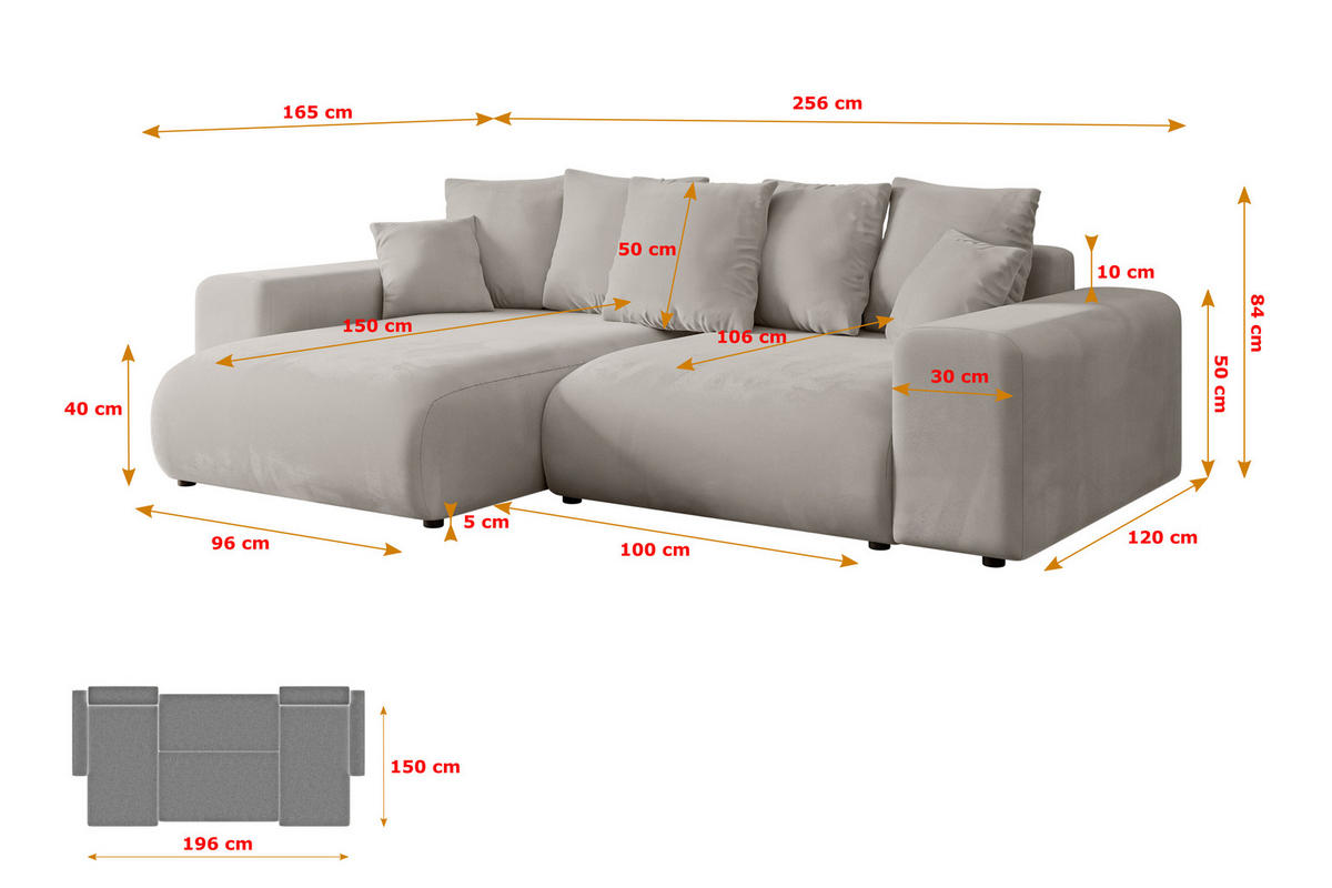 ECKSOFA mit Schlaffunktion und Bettkasten ESKAR-L 256x165x84cm Hellbraun Velours - Hellbraun/Schwarz, Holzwerkstoff/Kunststoff (165/256cm) - ALTDECOR