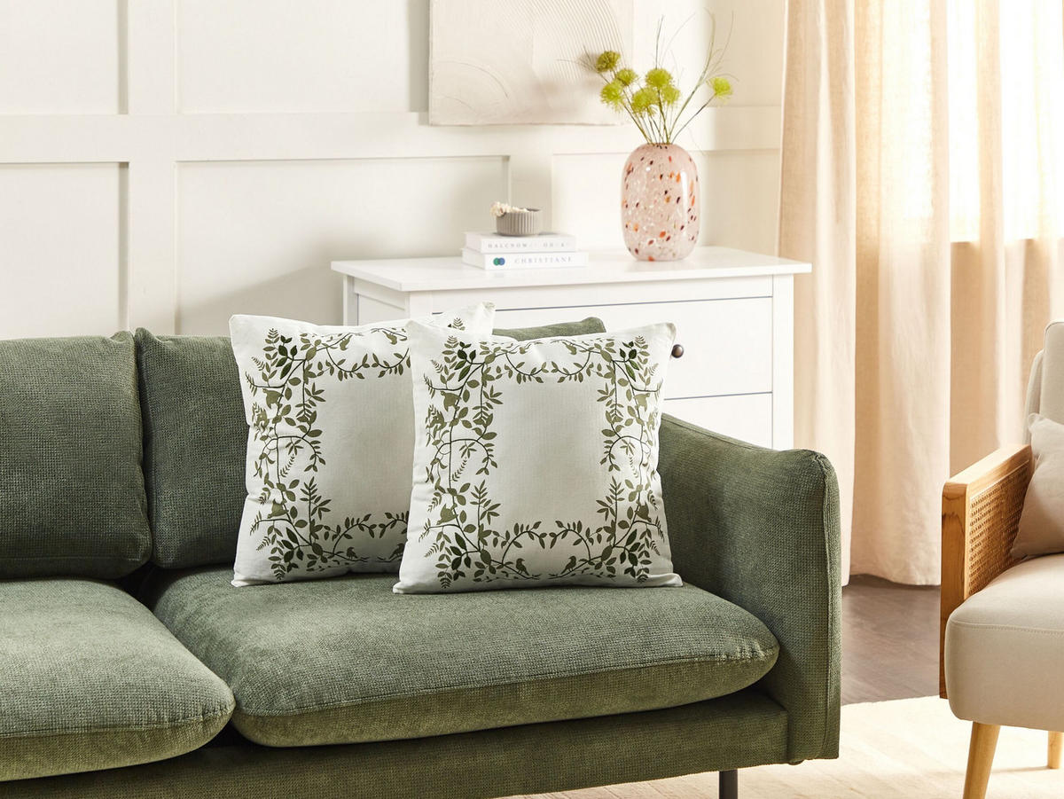 Dekokissen 2er-Set Weiß 45/45 cm Zaleya - Weiß/Grün, Naturmaterialen (45/45cm) - Beliani