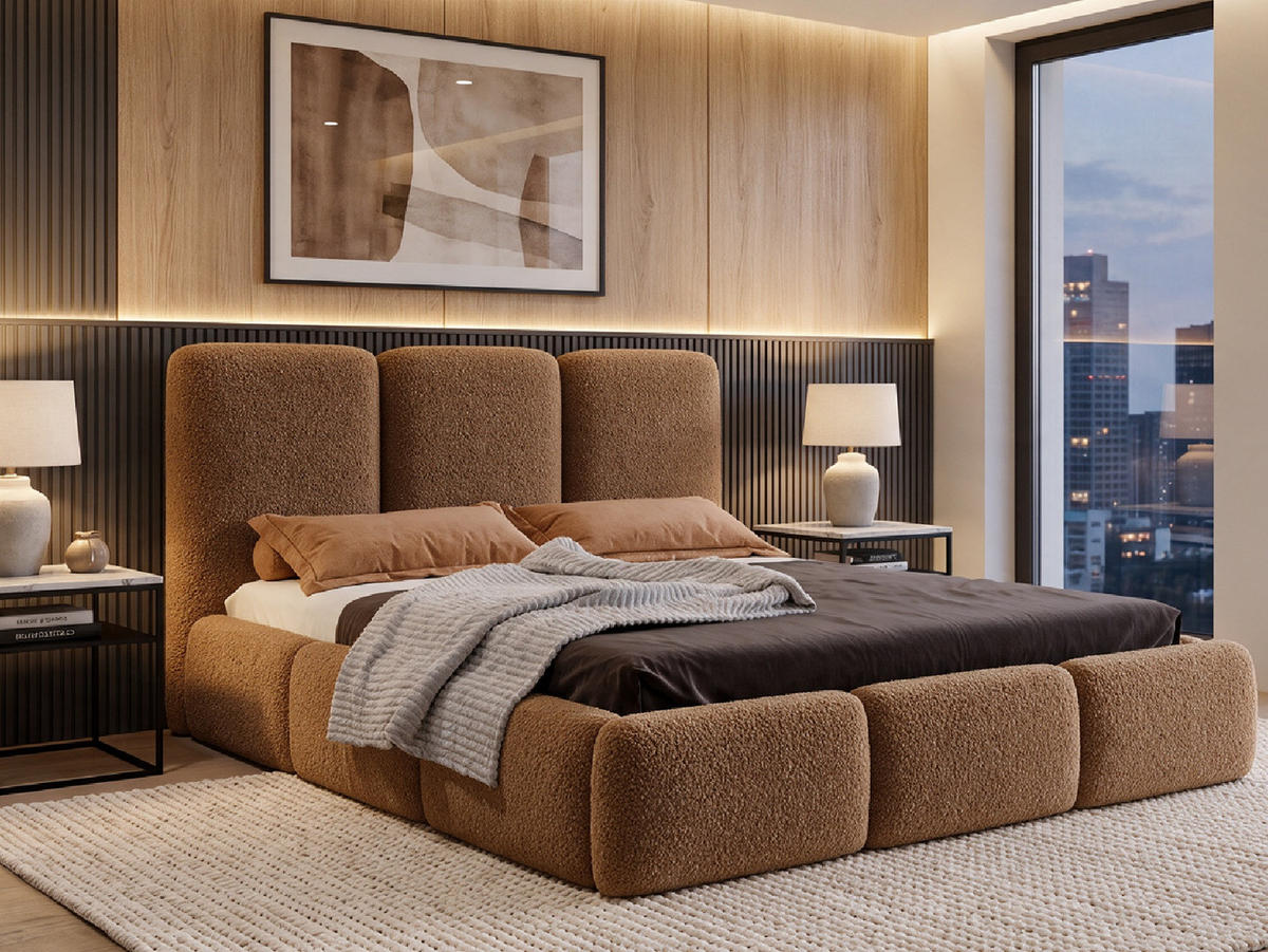POLSTERBETT VARDO 180x200 cm mit Bettkasten, Stauraum und Metall-Lattenrost – Bouclé Stoff Braun - Schwarz/Braun, Textil/Metall (180/200cm) - Luxkor24