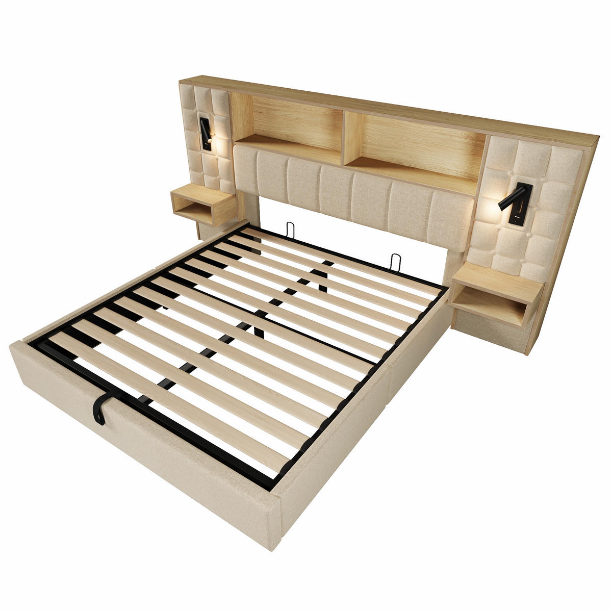 POLSTERBETT 160/200 cm Beige mit LED, 2 Leselampen und 2 integrierte Nachttische - Beige, Textil (160/200cm) - Oxeza