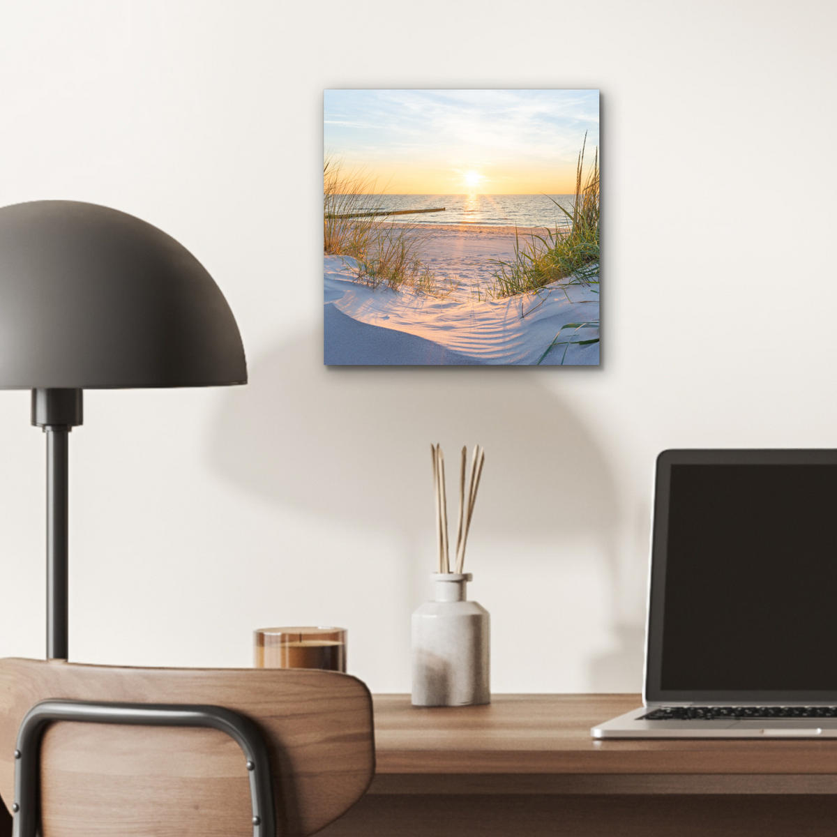 KOVOVÝ OBRAZ Pláž - Slnko - Duny - Tráva - Piesok - Horizont 20x20 cm - svetlomodrá, kov (20/20cm) - MuchoWow
