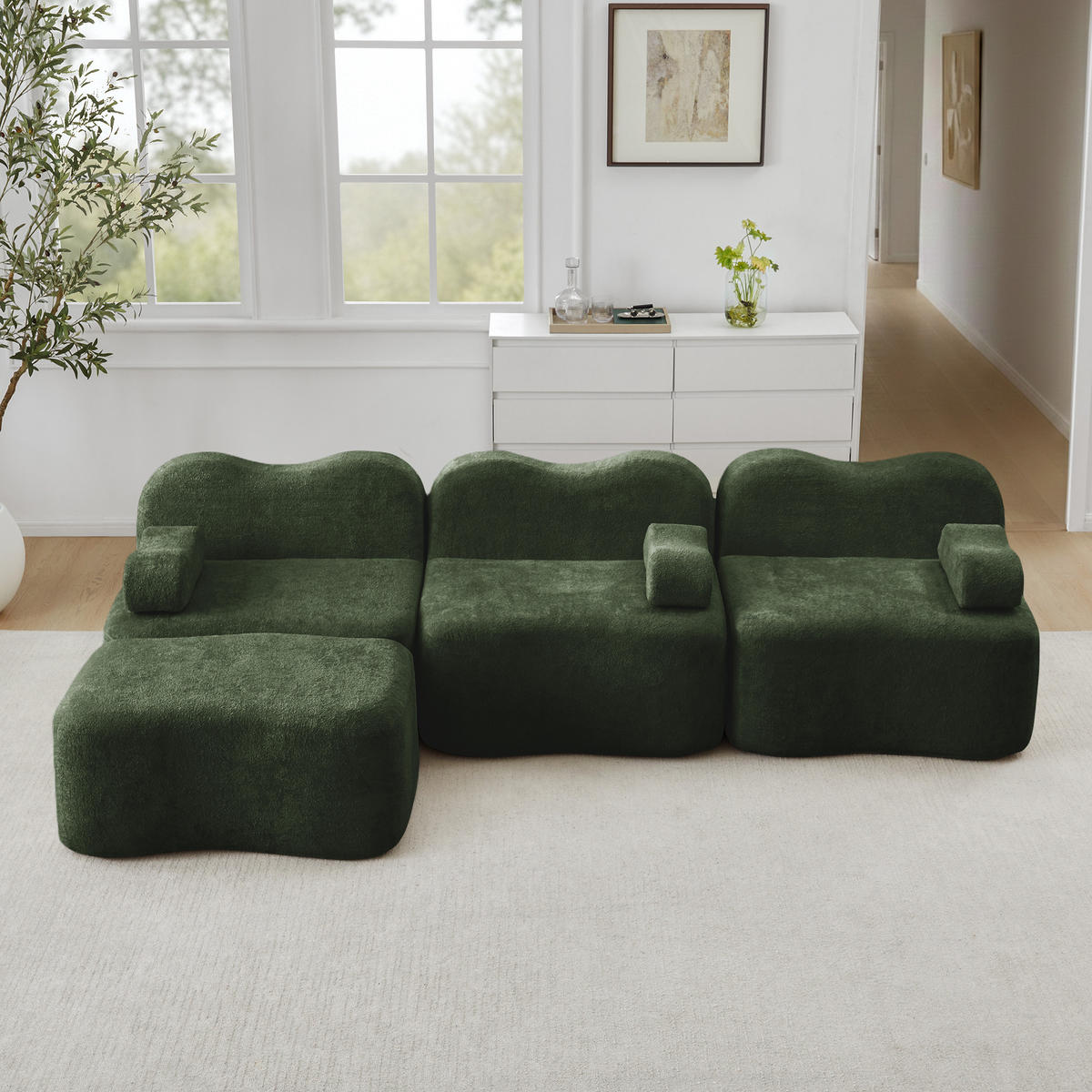 SOFA 3-Sitzer 288x167x70 cm aus Samt rahmenlos modular mit Ottoman, grün - Grün, Textil (167/70/288cm) - Luhomfu