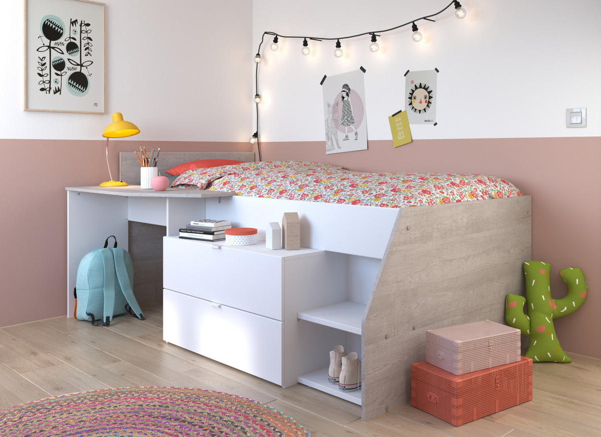 HOCHBETT Jugendzimmer Bett 90 x 200 cm 2x Schubkasten, Stauraum - Weiß/Grau, Holz/Holzwerkstoff (90/200cm) - Parisot Meuble