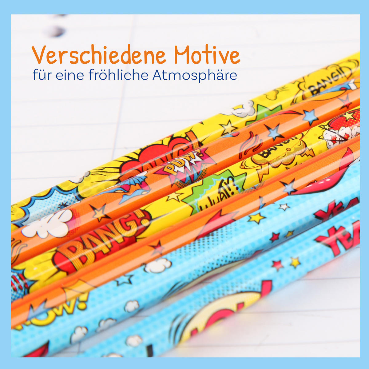 BLEISTIFT 1 x 6er Set Zeichenstifte aus Holz für Kinder und Erwachsende, Comic Design - Vorgespitzte Holzstifte mit Radiergummi zum Malen - Rot/Multicolor, Naturmaterialien (9/19cm) - Bestlivings