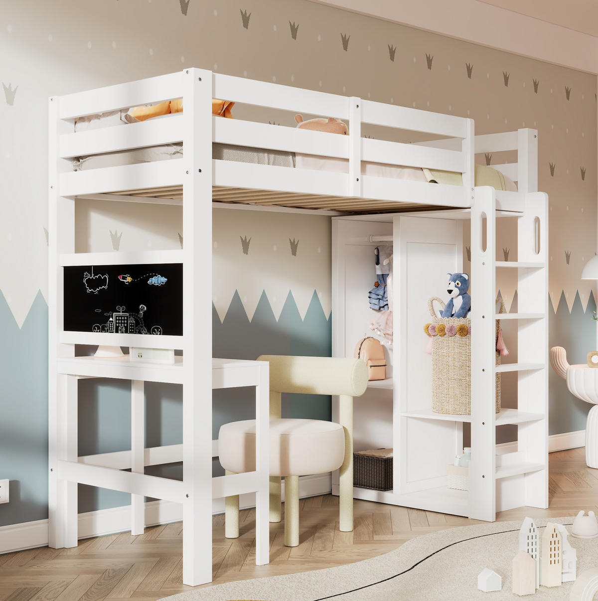 HOCHBETT 90/200 cm mit Schreibtisch, Kreidetafel, offenem Kleiderschrank und Regalen, Holz, Weiß - Weiß, Holzwerkstoff (90/200cm) - Redom