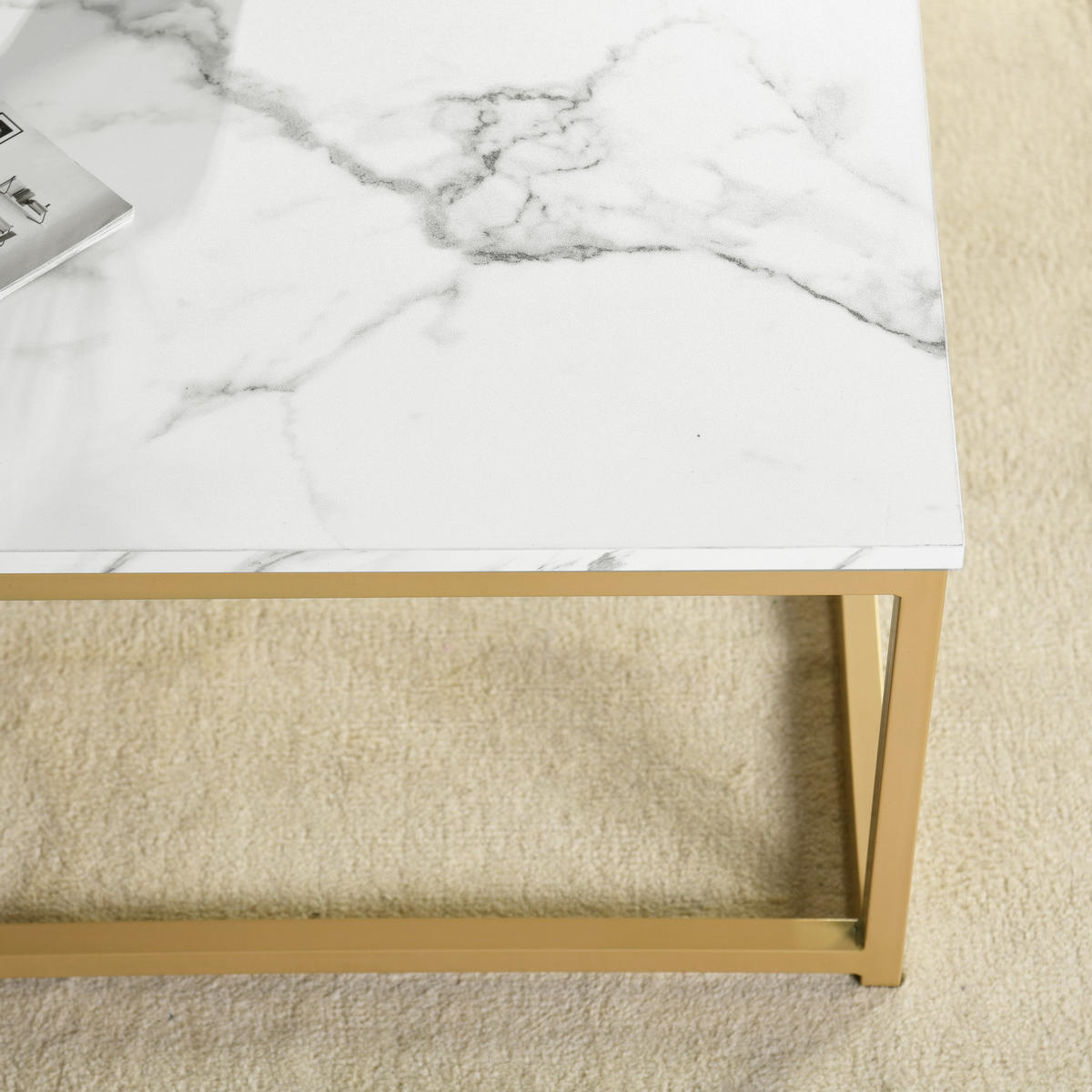 COUCHTISCH quadratisch Marmorimitation goldener Stahlrahmen - Schwarz/Weiß, Holz/Metall (80/80/34cm) - Urban Meuble