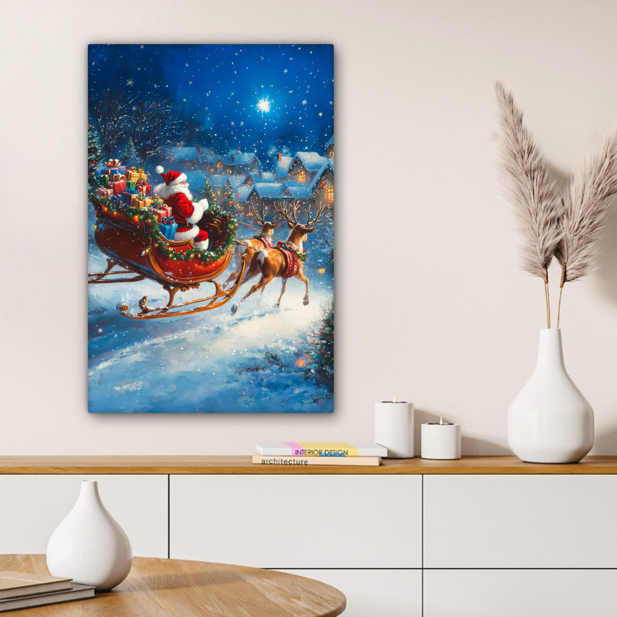 LEINWANDBILD Weihnachtsmann - Rentier - Weihnachten - Schnee Wanddeko Schlafzimmer 60x90 cm - Cognac, Textil (60/90cm) - MuchoWow