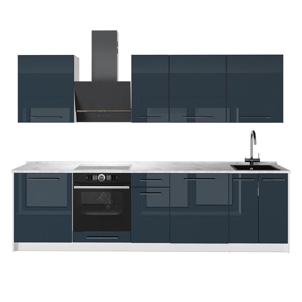 KÖK Fame-Line, Mörkblå högblank/Vit, 280 cm utan bänkskiva - Vit/Mörkblå, Träbaserade material (280/206.8/51.6cm) - Vicco