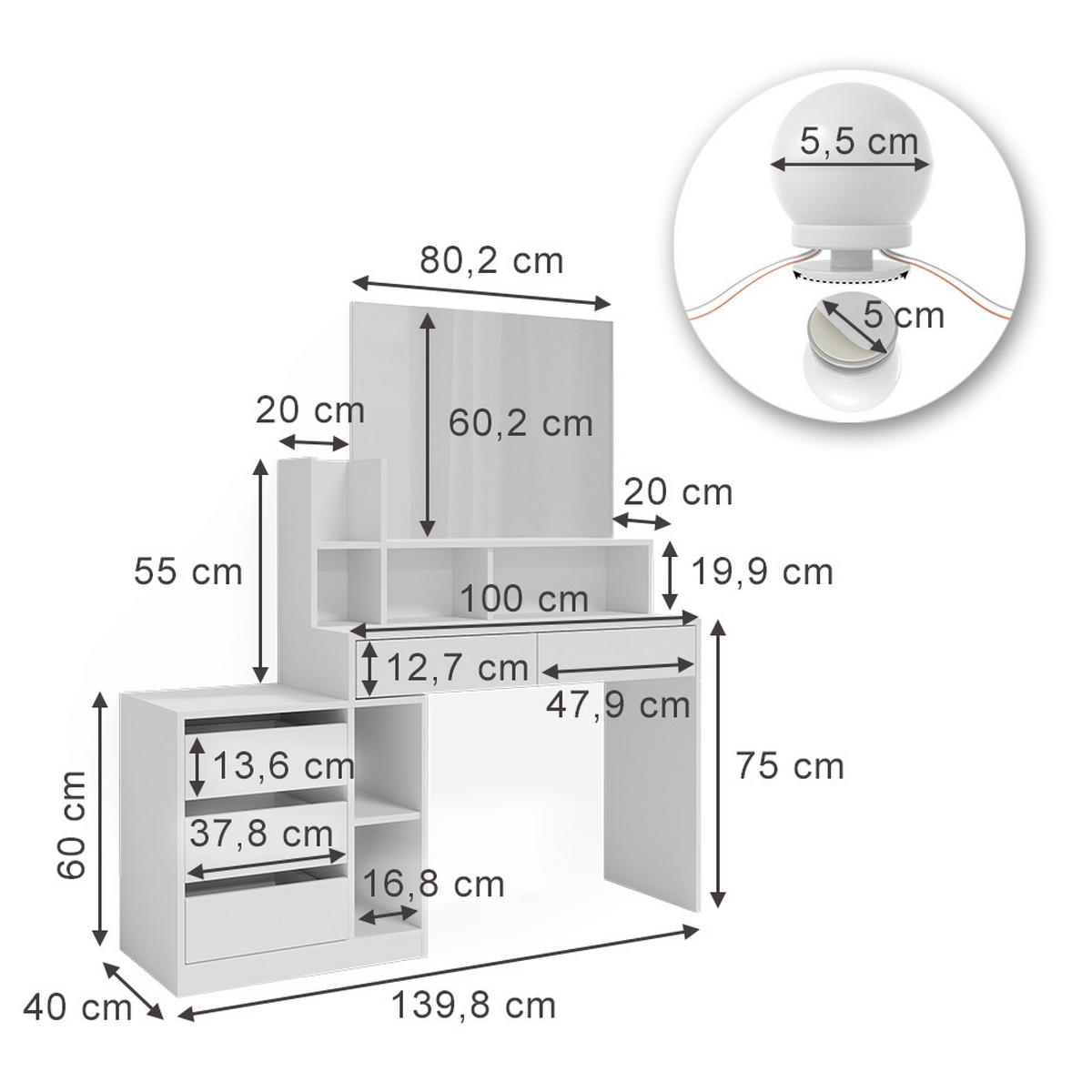 TOALETNÍ STOLEK Anja Bílá - bílá, kompozitní dřevo (139.8/115/40cm) - Vicco