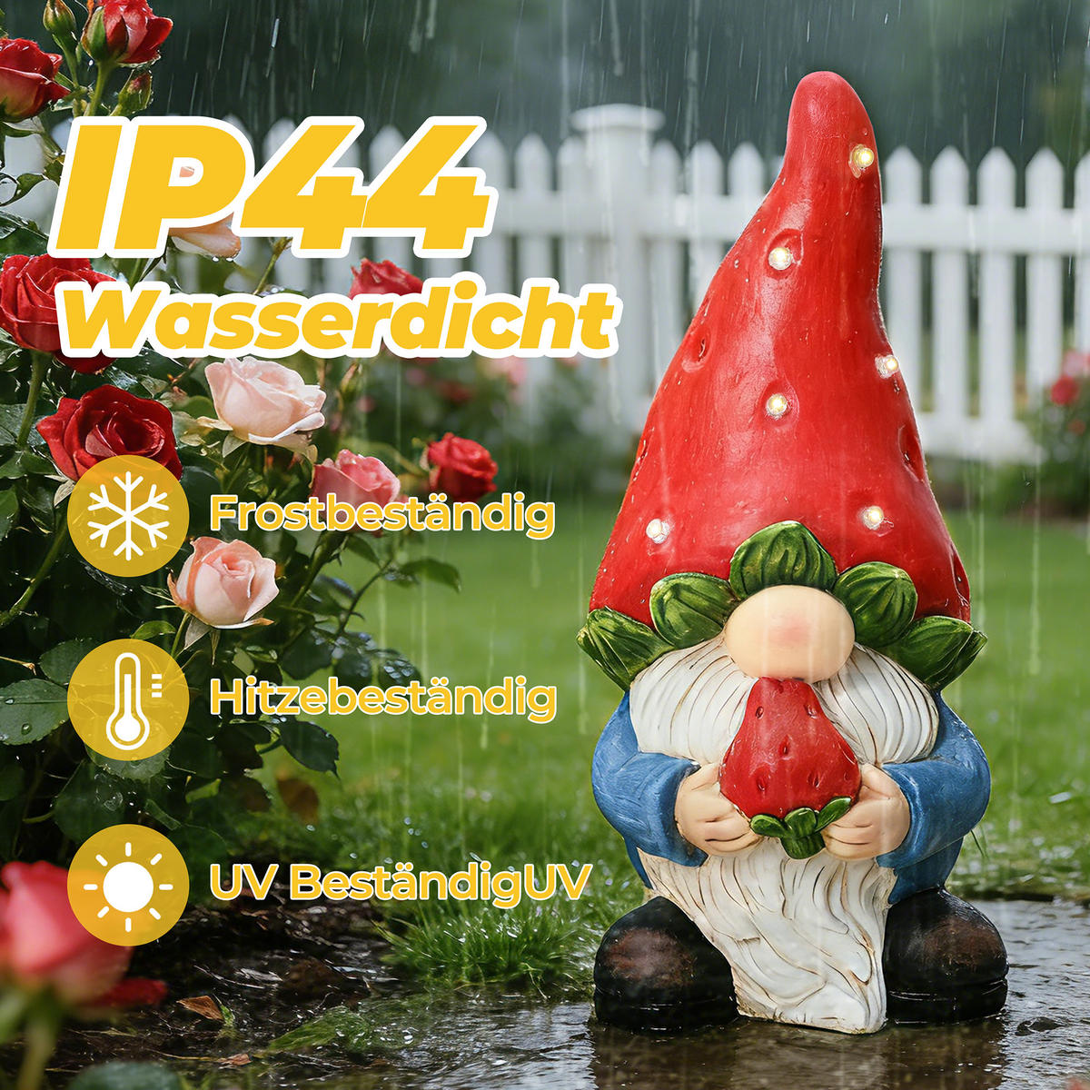 40 cm Erdbeer-Zwergelf LED Gartenfigur Zwerg, Garten- und Hofdekoration Geschenkidee für Mama - Multicolor, Naturmaterialien (19.5/40/19cm) - Hometopia