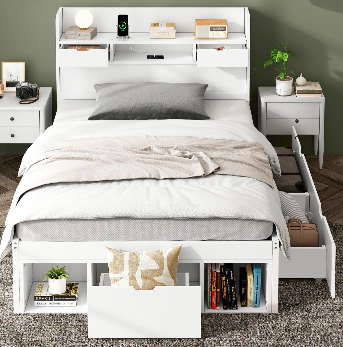 KINDERBETT 90/200 cm mit USB-Anschluss, Typ-C, Schubladen und Stauraum aus Kiefernholz, Weiß - Weiß, Holzwerkstoff (90/200cm) - Redom