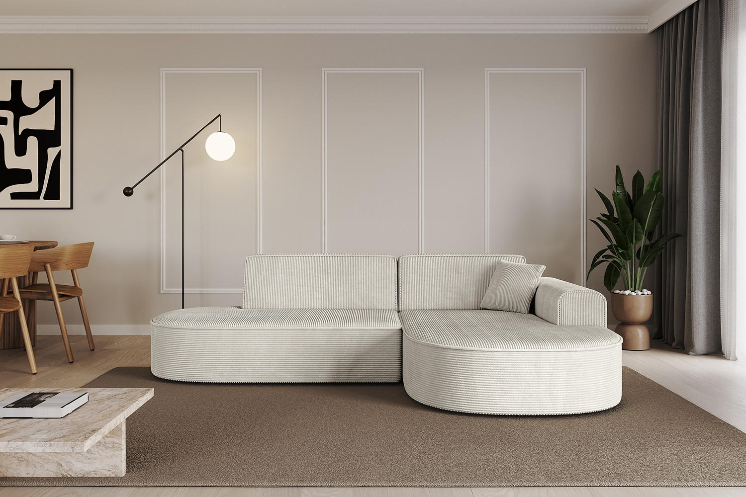 ECKSOFA Ottomane Rechts MARI-L1 - 232x163x73,5 cm Hellgrau Cord - Hellgrau/Schwarz, Holzwerkstoff/Kunststoff (234/163cm) - ALTDECOR
