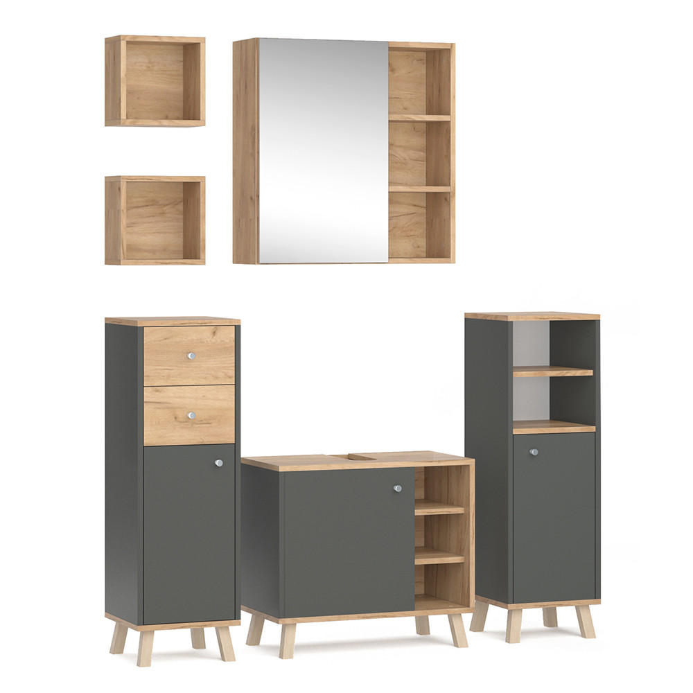 BADMÖBEL-SET Senyo Anthrazit 5 Teile, mit Regalen - Anthrazit/Eiche Wotan, Holzwerkstoff (62/54/32cm) - Vicco