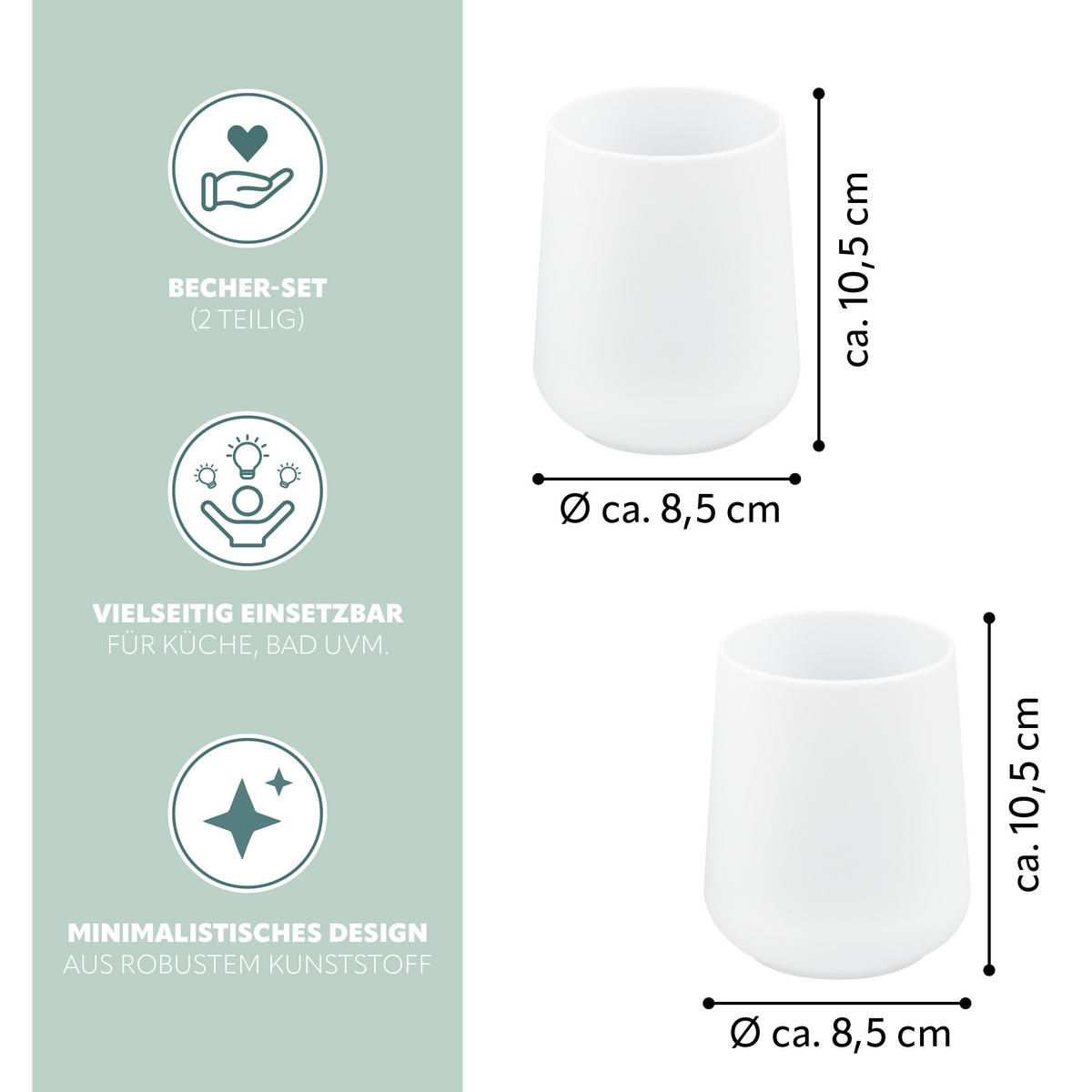 BECHER-SET TESERO 2tlg., Soft-Touch, weiß - Weiß, Kunststoff (8.5/10.5/8.5cm) - eluno