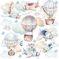 WANDAUFKLEBER SET Wilde Tiere Wolken Flugzeuge Luftballons 60x30 - Beige/Rosa, Papier (60/30/1cm) - Muralo