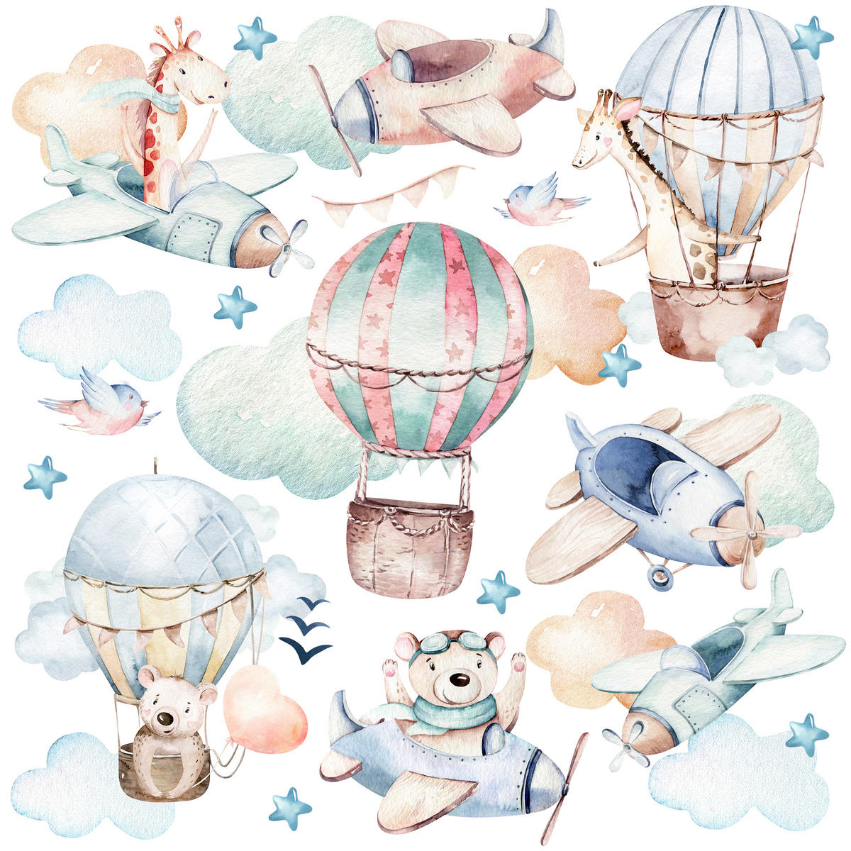 WANDAUFKLEBER SET Wilde Tiere Wolken Flugzeuge Luftballons 60x30 - Beige/Rosa, Papier (60/30/1cm) - Muralo