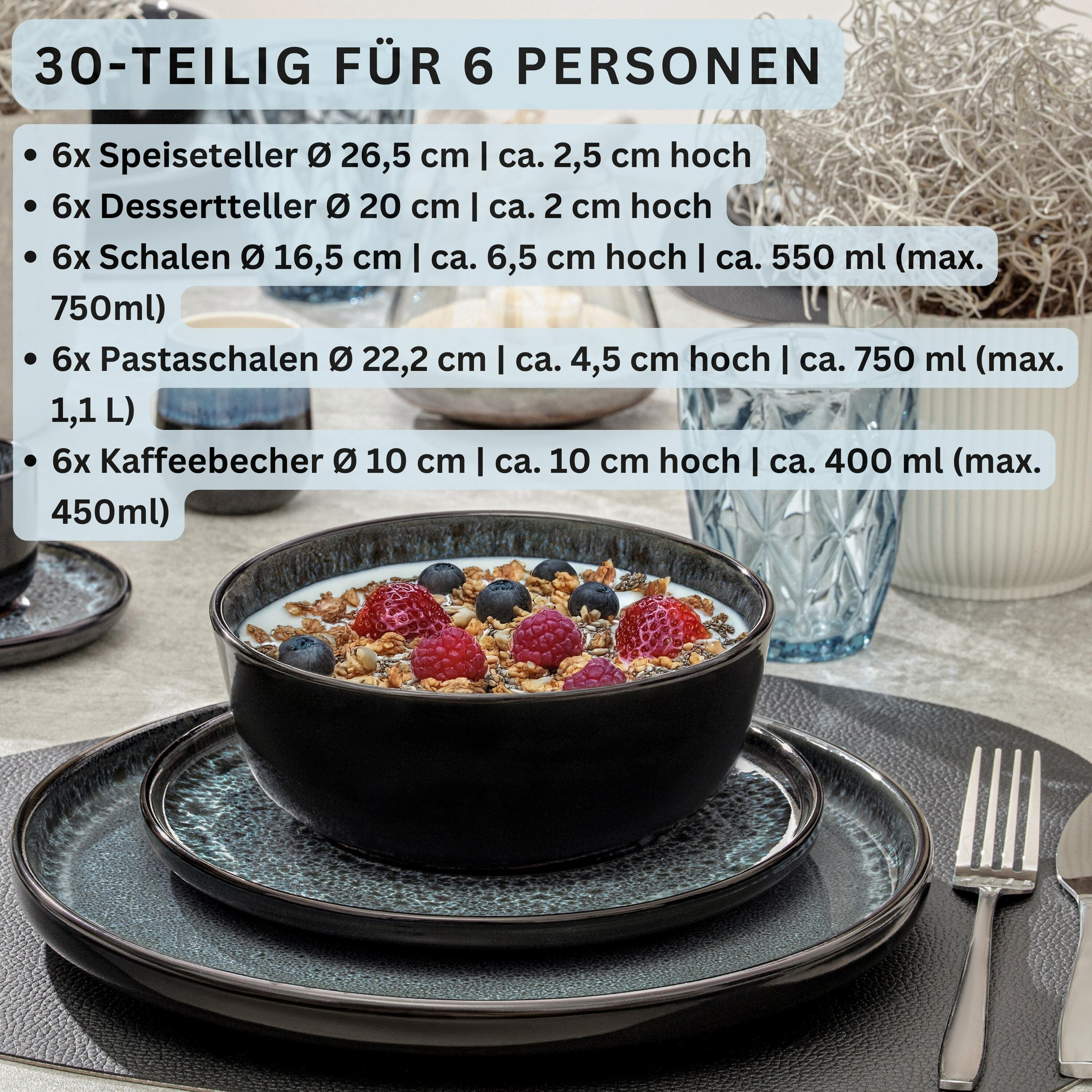 KOMBISERVICE MANILA - 30 teilig aus Steingut - Blau, Stein (26.5/10/26.5cm) - Sänger