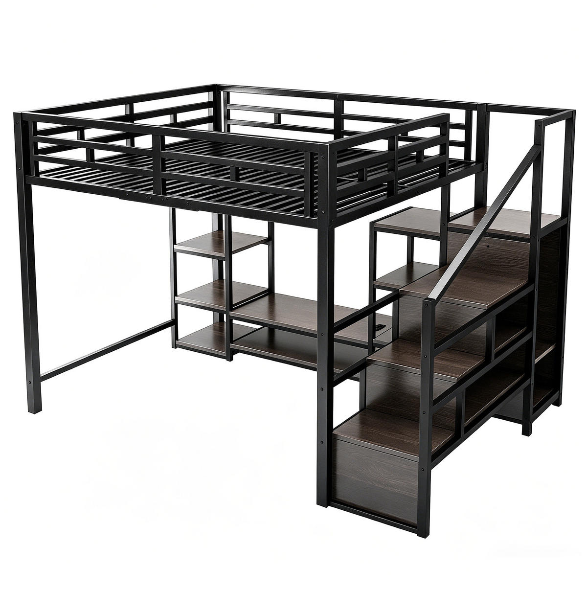 HOCHBETT 140/200 cm mit TV-Ständer, Steckdose und Aufbewahrungsleiter in Metall- -Kombination, Schwarz - Schwarz, Holzwerkstoff (140/200cm) - Redom