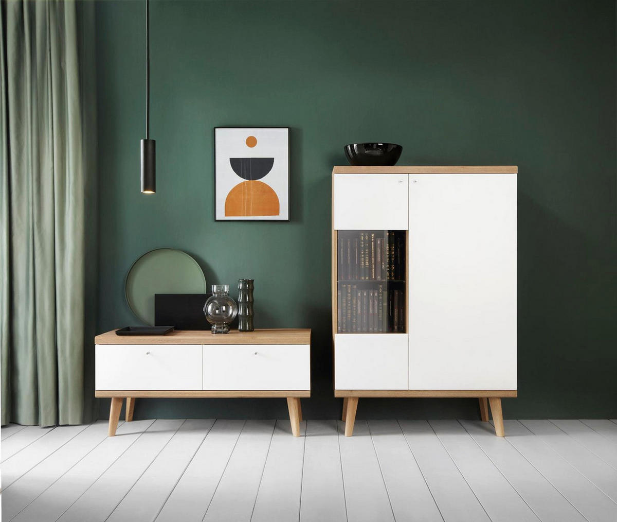 VITRINE Primo Weiß, Eiche Riviera, Zweitürige Glasvitrine - Eichefarben/Weiß, Holzwerkstoff (90/134/40cm) - Bettso
